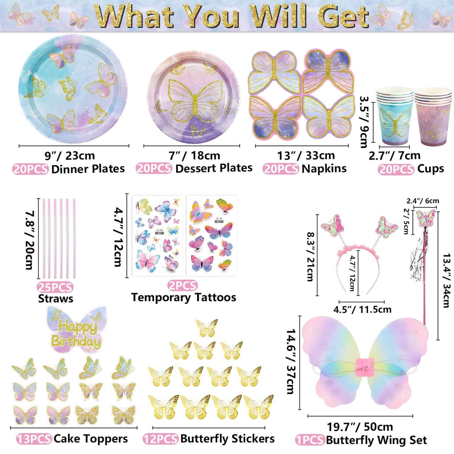 196 Pcs Butterfly Party Decorations - Including Plates, Tablecloth, Balloons, Banner, Butterfly Stickers, Cups, Fairy Wing Set for Princess Fairy Birthday Decorations, Fairy Party Supplies