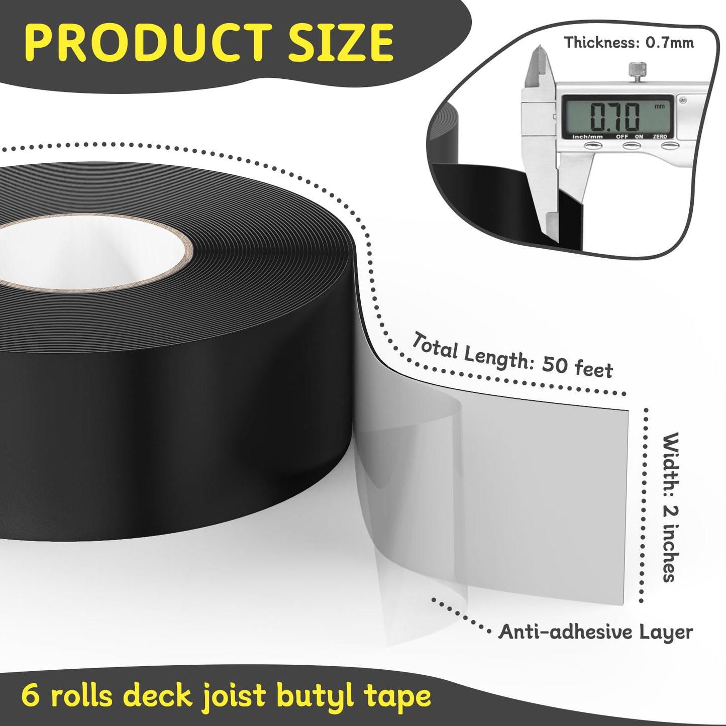 Hanotic Joist Tape for Decking 2'' X 50', 6 Rolls Weather Resistance Butyl Tape, Waterproof and Anti-Corrosion, Self-Adhesive for Wood Joists Decks Beams Roof Rv