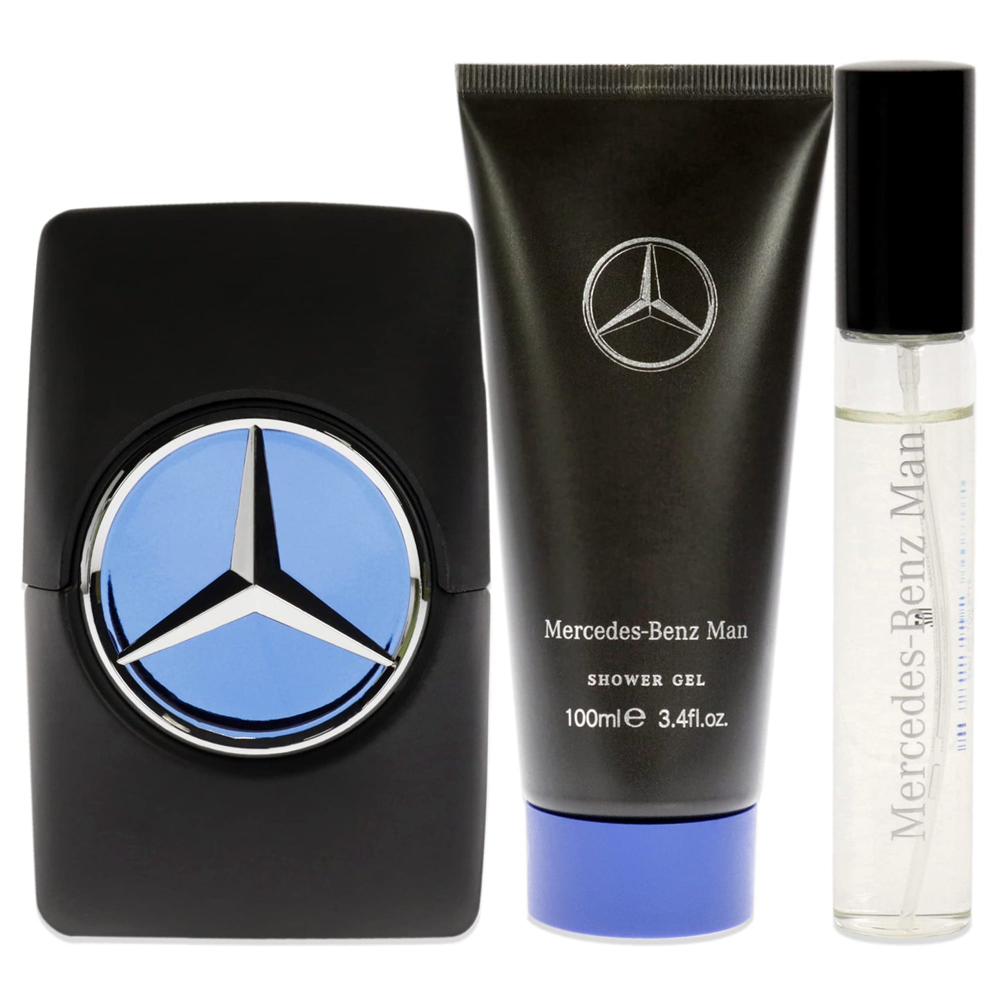 Man Gift Set by Mercedes-Benz - Perfumes for Men - Contains 0.5 oz and 3.4 oz of EDP Spray and 3.4 oz of Shower Gel - Aromatic Woody Fruity Scents - Opens with Notes of Ambrette Seeds and Pear - 3 pc