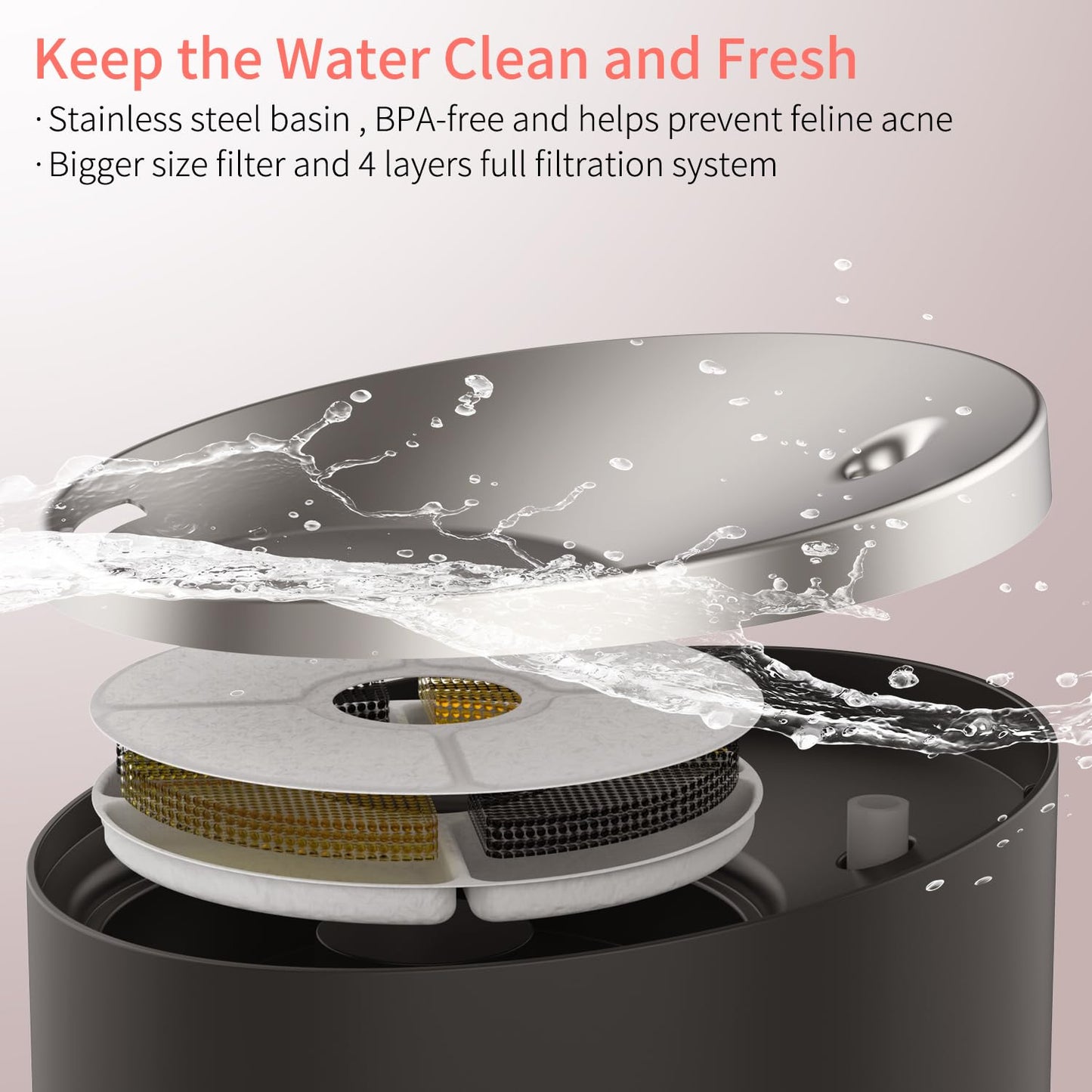 beQ Cat Water Fountain, 84oz/2.5L Stainless Steel Automatic Pet Fountain Dog Water Dispenser with Replacement Filters for Cats, Dogs, Multiple Pets Drinking Bowl, Indoor Ultra-Quiet Smart Pump, Black