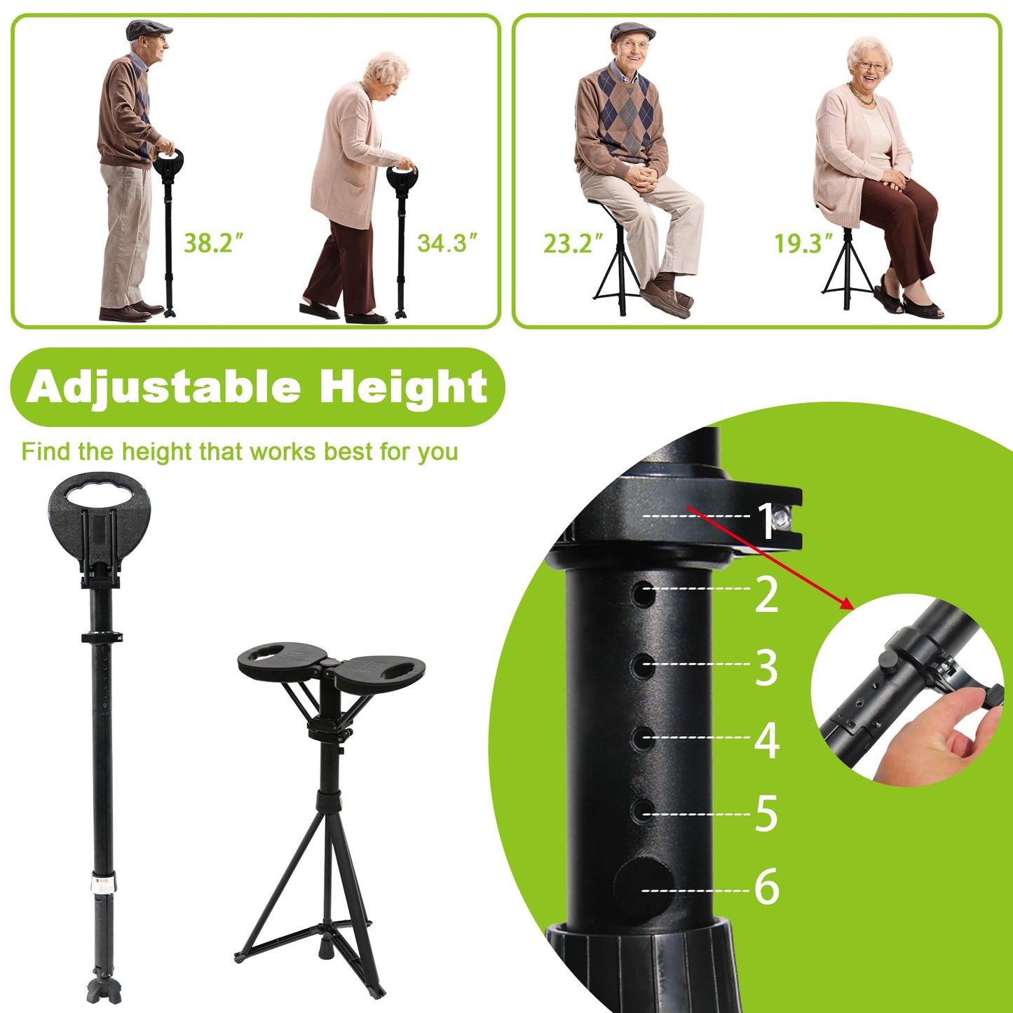ALEVMOOM Upgraded Folding Canes with Seat Max Load 550lbs,Retractable Walking Stick with Seat,Height Adjustment Cane Chair for Adults,Crutches Stool with Carry Bag for Hiking Traveling