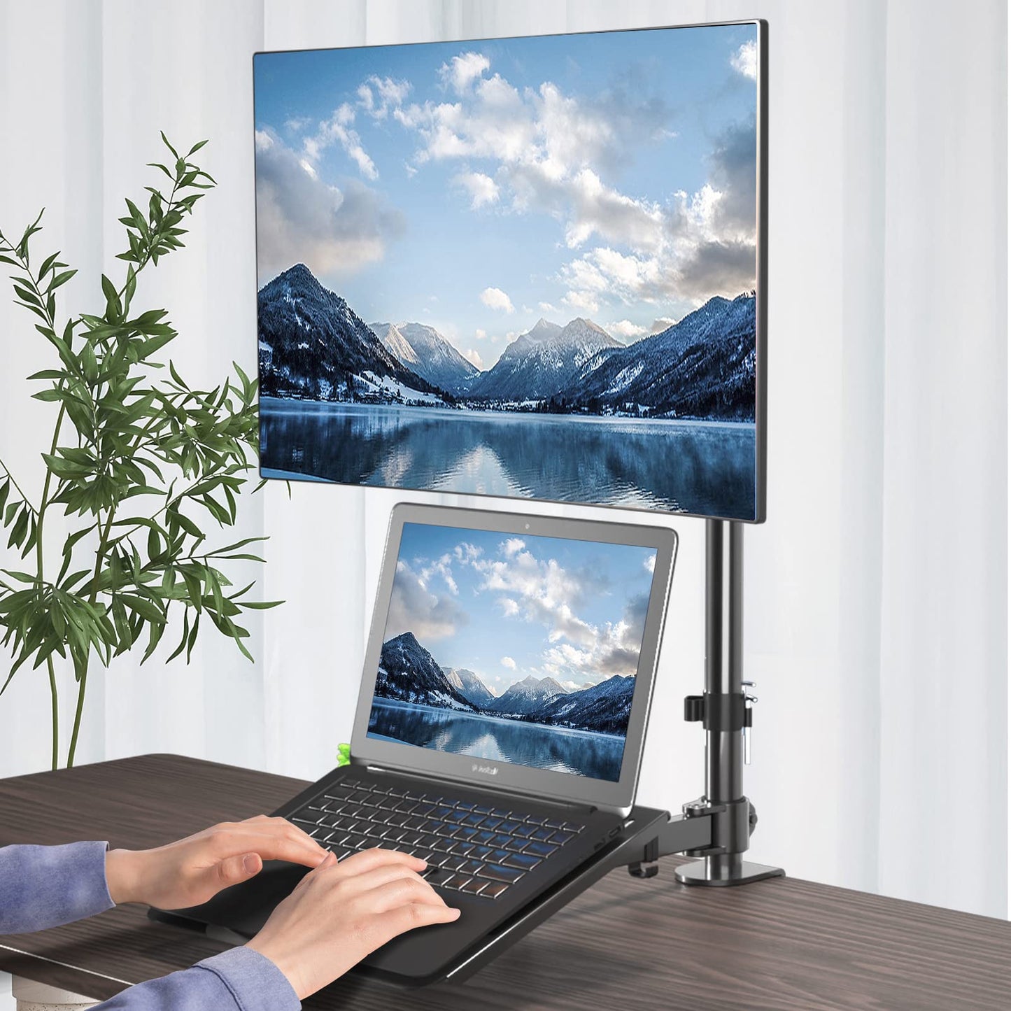 Suptek Full Motion Computer Monitor and Laptop Riser Desk Mount Stand, Height Adjustable (400mm), Fits 13-27" Screen and up to 17" Notebooks, VESA 75/100, up to 22lbs for Each (MD6432TP004)