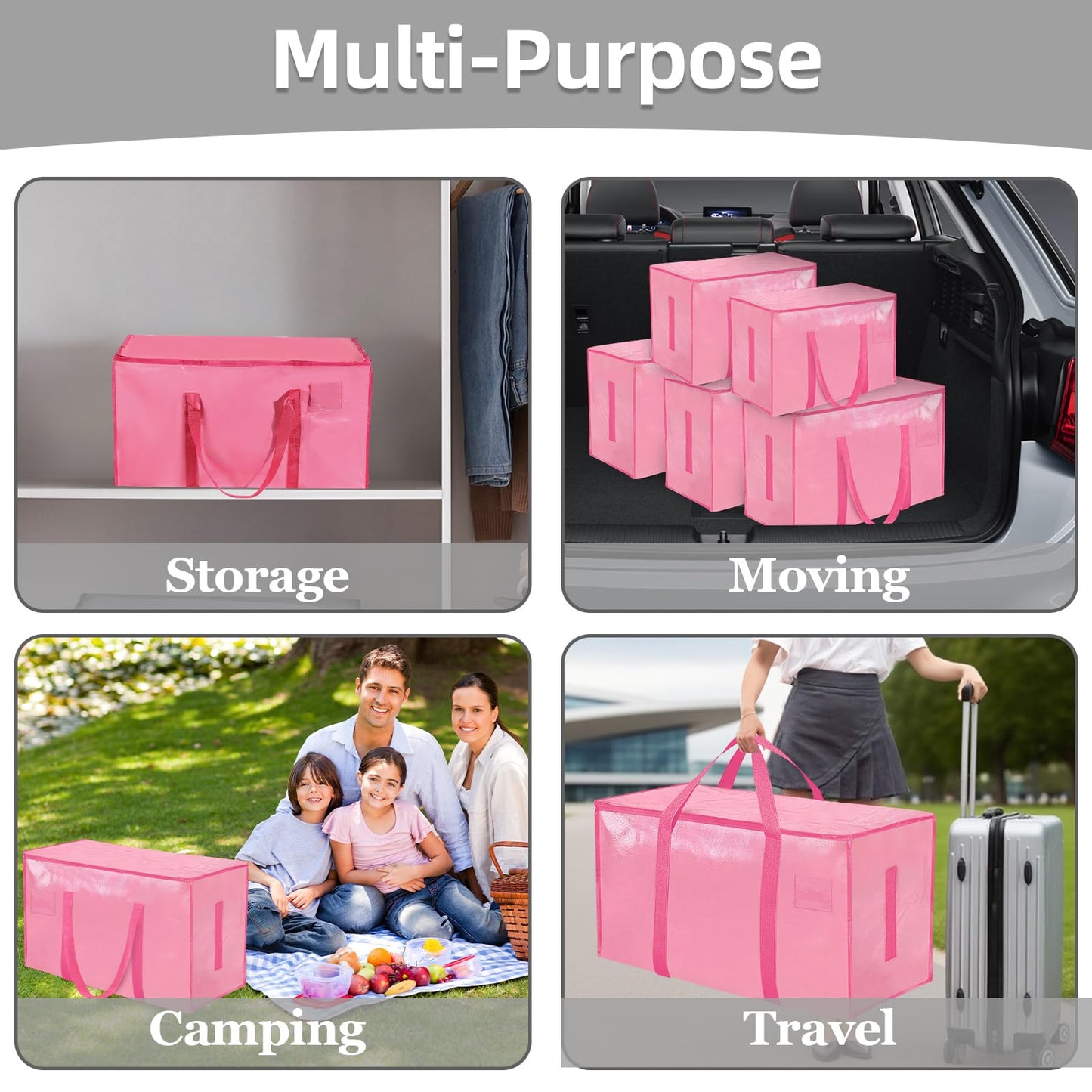 Extra Large Heavy Duty Moving Bags - Waterproof Storage Totes with Reinforced Handles & Zippers, Foldable for College Dorm Essentials, Clothes Storage & Travel (6-Pack Pink)