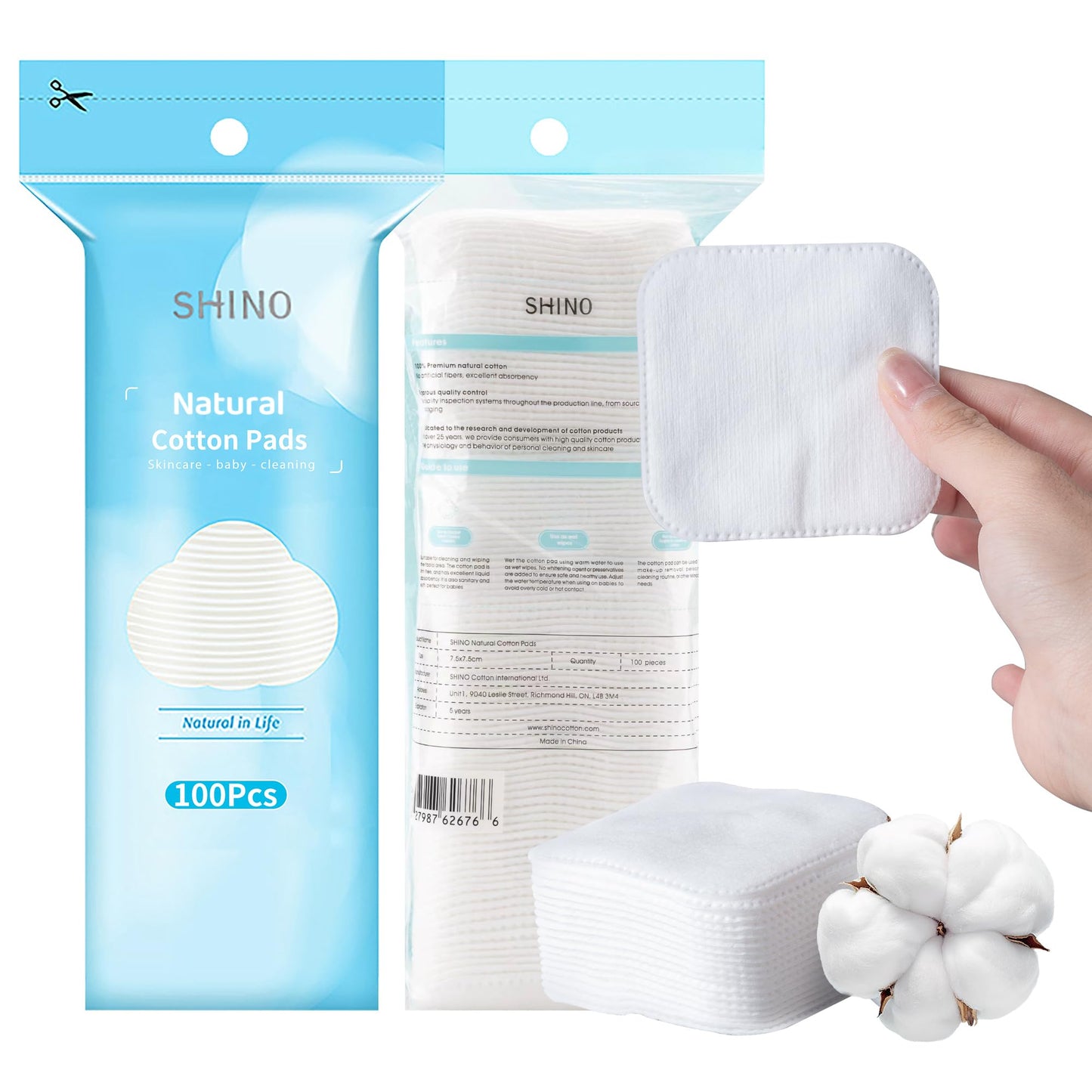 SHINO Natural Square Cotton Pads,800 Ps Biodegradable Pads Makeup Remover Cotton for Sensitive Skin - Beauty, Personal Care, Baby Care Daily Cosmetics (Pack of 8)