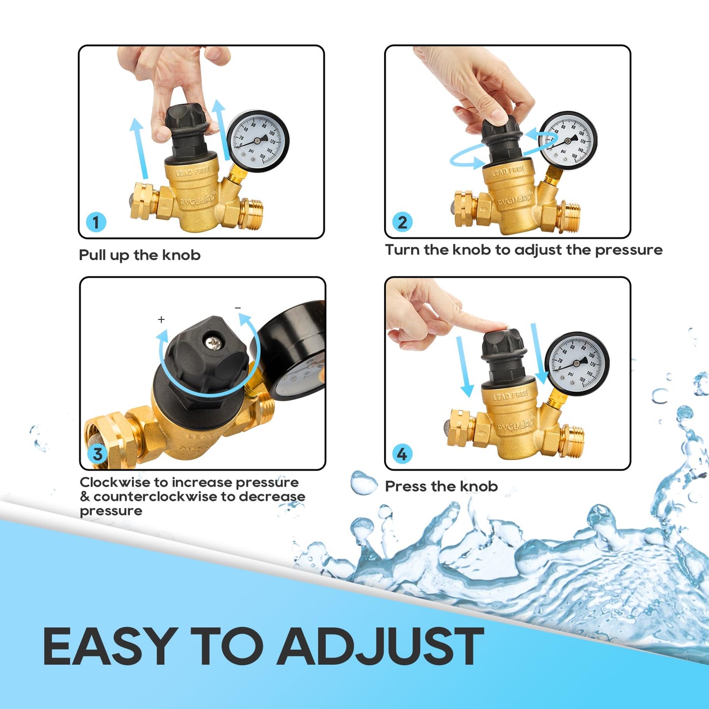 RVGUARD RV Water Pressure Regulator Valve With An Adjustable Knob, NO Tool Required, Brass Lead-Free Water Pressure Reducer with Gauge and Inlet Screen Filter for RV Camper Travel Trailer RGWPR-H