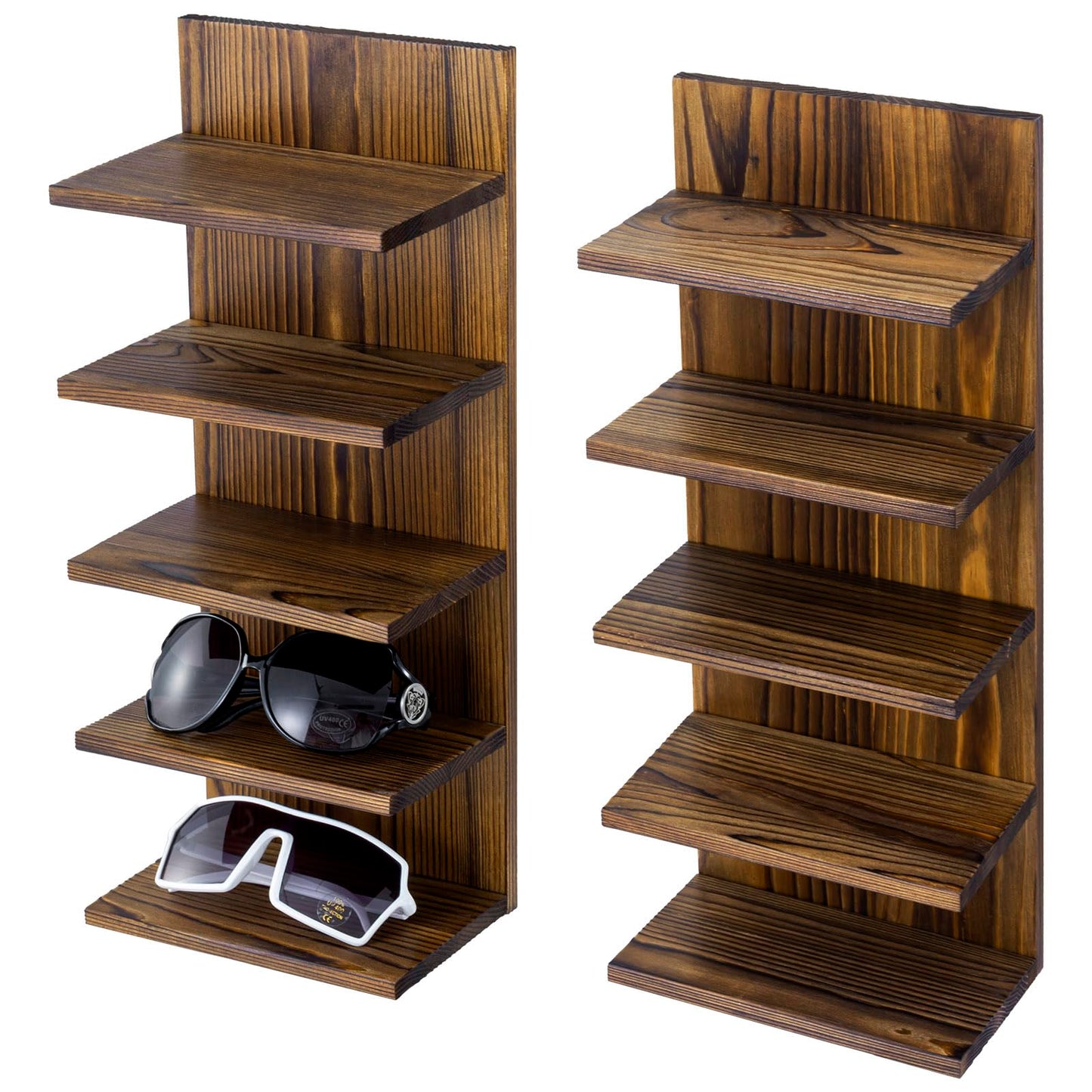 MyGift 5-Tier Rustic Burnt Solid Wood Sunglasses Holder Rack, Wall-Mount or Tabletop Eyewear Display Stand, Retail and Home Glasses Organizer, Set of 2