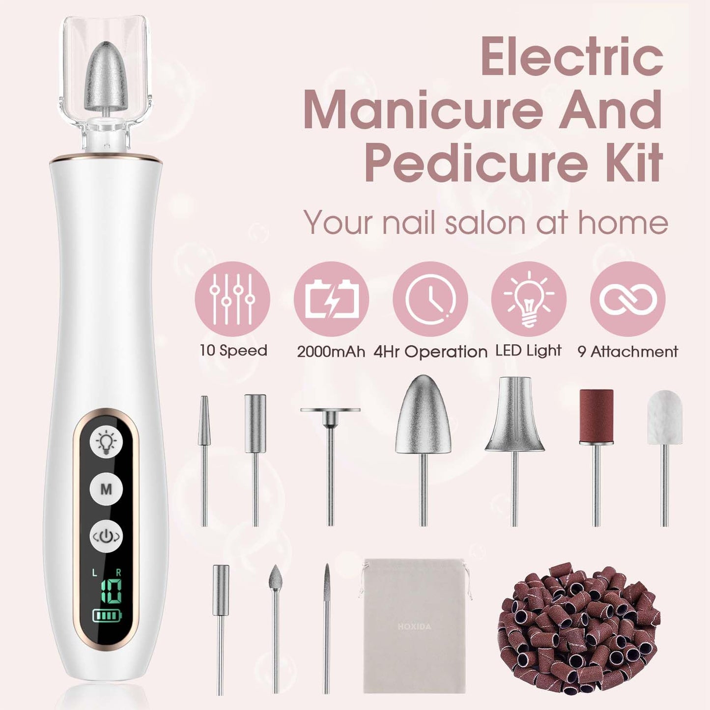 Professional Manicure Pedicure Kit, Cordless Electric Nail Drill with 360° LED light&10 Speeds, Rechargeable Pedicure Tools for feet, Hand Foot Care Nail Drill for Thick Nail Toenail Cuticle Women Men
