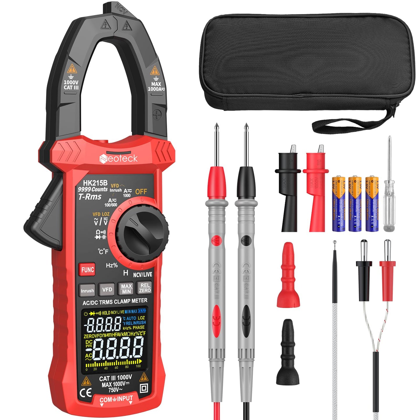 Neoteck Clamp Meter Amp Meter 9999 Counts with Inrush VFD LOZ 1000A TRMS Amp Clamp Multimeter for AC/DC Current&Voltage Resistance Capacitance Frequency Continuity Diode NCV Temperature for Electrical