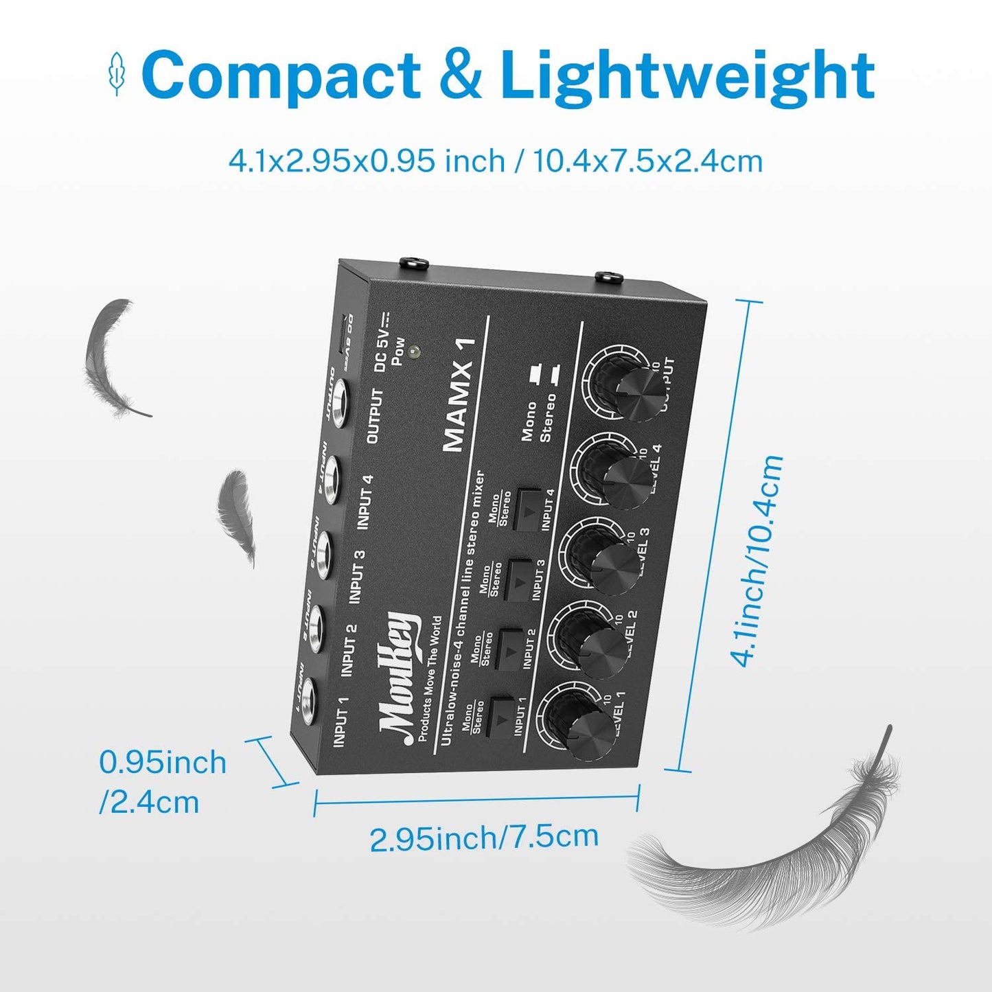 Moukey Stereo Mini Audio Mixer, Ultra Low-Noise 4-Channel Line Mixer for Sub-Mixing, DC 5V Audio Mixer with USB Cable, Ideal for Small Clubs or Bars, As Microphones, Guitars, Bass, Keyboards-MAMX1