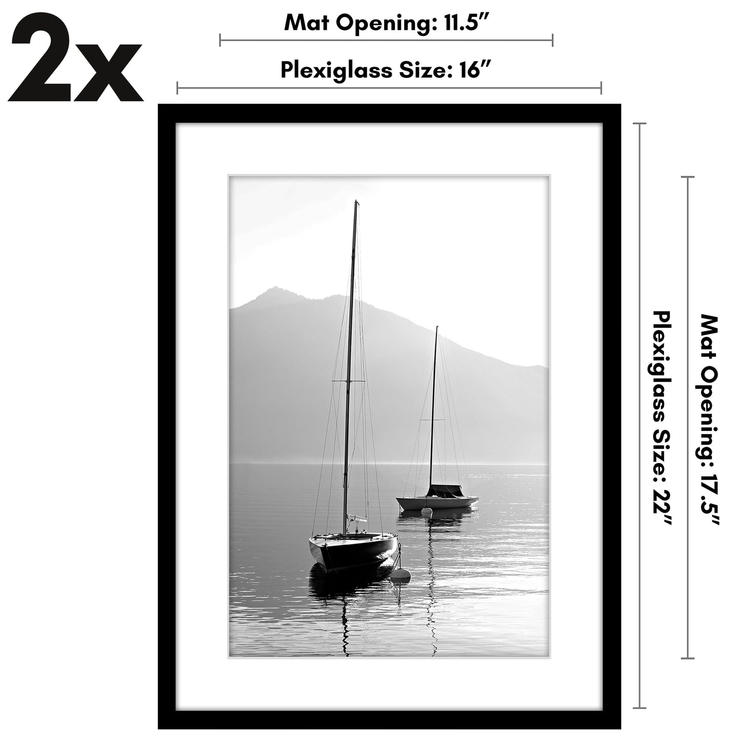 Americanflat 16x22 Picture Frame with Polished Plexiglass - Set of 2 - Use as 12x18 Frame with Mat or Display 16x22 Photo Without Mat - Galleria Collection - Picture Frames for Wall Display - Black