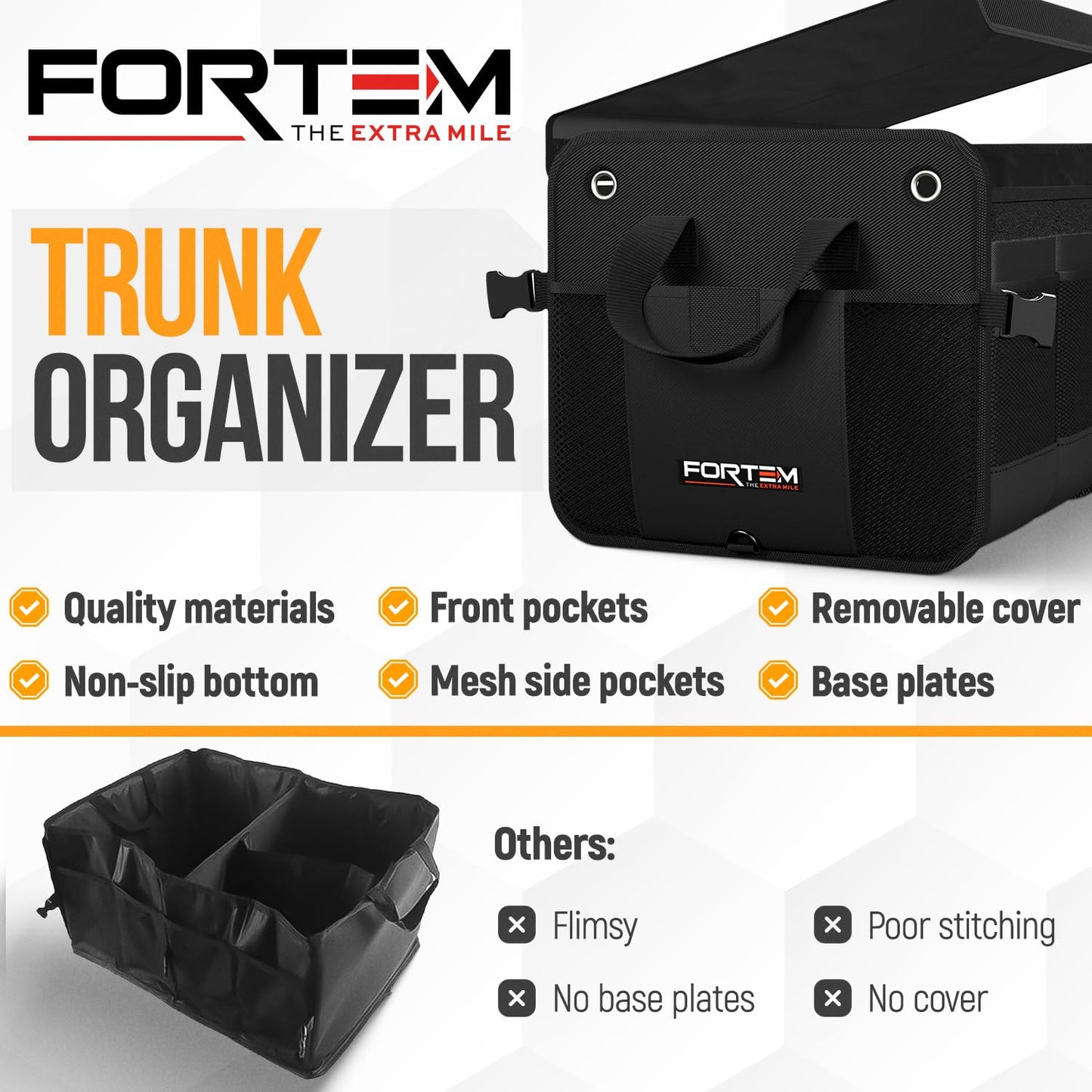 FORTEM SUV Trunk Organizer, Car Organizer, Collapsible Multi-Compartment Storage Bag for Car Accessories for Women Men, 1680D Oxford, Non Slip Bottom, Adjustable Straps, Soft Cover (65L)
