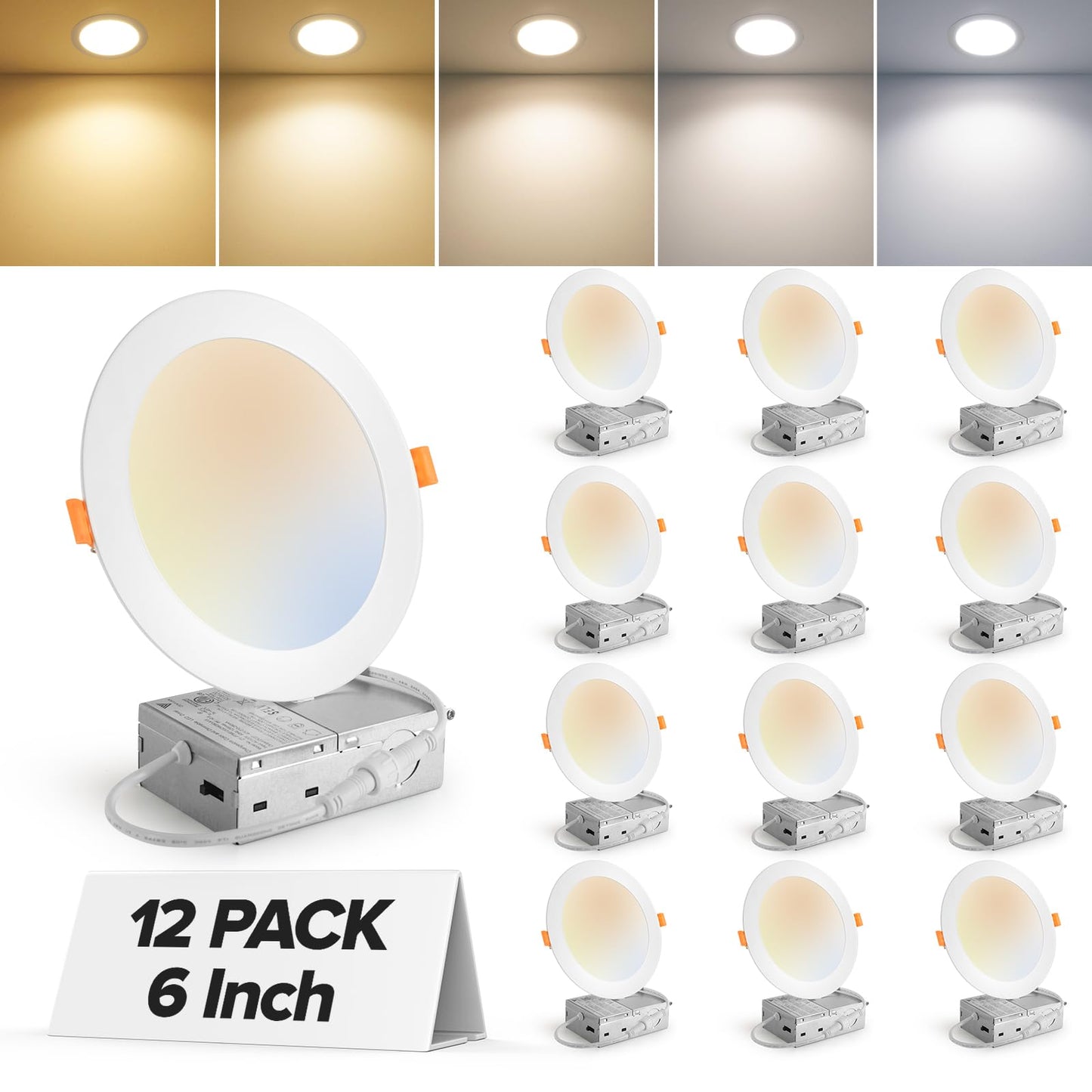 MAILCOS 6Inch 5CCT LED Recessed Slim Pot Light with Junction Box, 2700K/3000K/3500K/4000K/5000K Color Changeable Dimmable IC Rated Ceiling Lighting 12W 1050LM High Brightness (12 Pack)