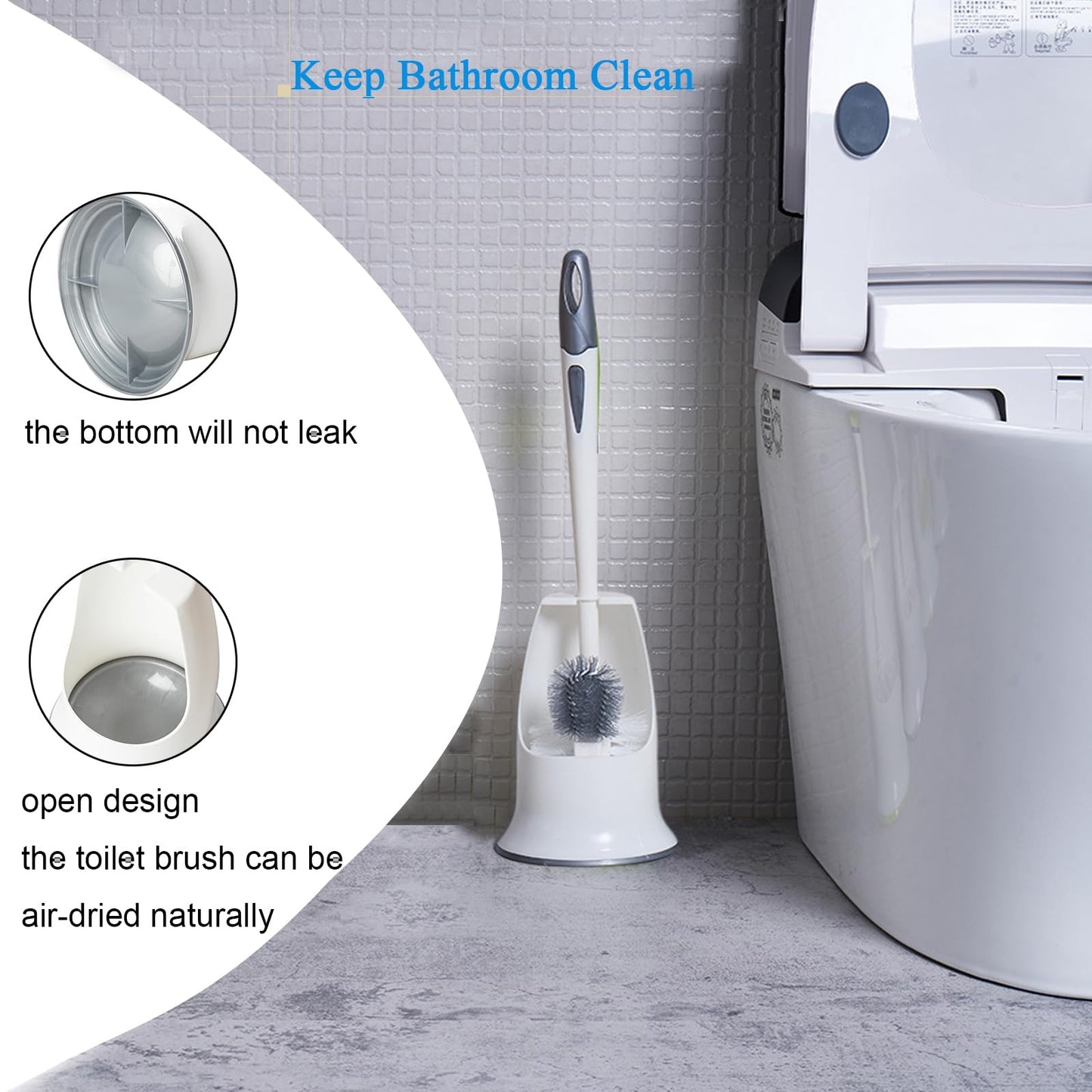 Ryhiac 2 Pack Toilet Bowl Brush with Holder for Bathroom, Under-Rim Double Brush Head, Long Handle Household Cleaning Brushes Set (2 Pack Grey Brush with Holder)
