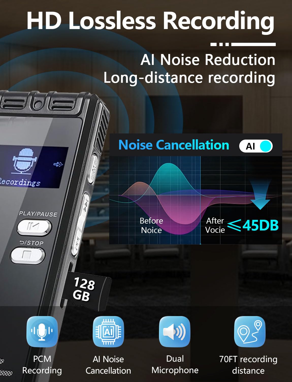 128GB Digital Voice Activated Recorder with Playback - 9104 Hours Audio Device, 3072 Kbps HD and Noise-Canceling Voice-Activated Recording for Lectures/Meeting