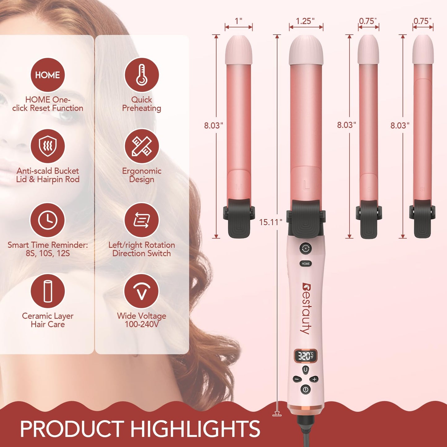 Bestauty Automatic Curling Iron, 0.75(2 PCS)/1/1.25" Interchangeable Ceramic Coating Heating Iron Barrels, Quick Heating Hair Curler 360° Rotating for Waver Curl, 4 Adjustable Temperature 320°F-430°F
