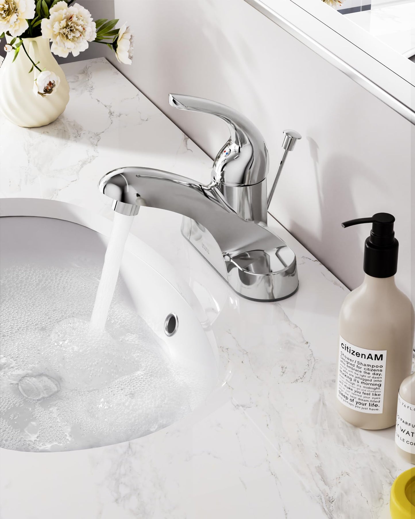 WOWOW Bathroom Faucet 1 Handle Low Arc Lead Free Single Handle 4 inch Centerset Bathroom Sink Faucet with Pop Up Drain Assembly Basin Mixer Tap Chrome Vanity Faucet