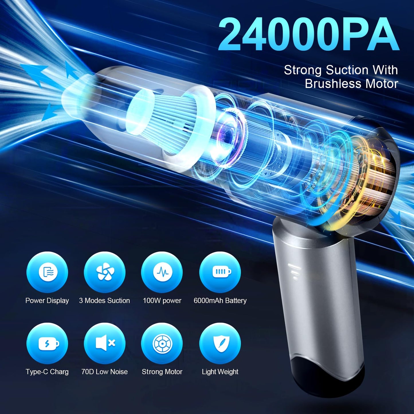 Car Vacuum Cleaner,Handheld car Vacuum Cordless 24000PA Powerful Rechargeable Small Portable Vacuum Cleaner w/ 3 Modes LED Light for Pet Bed Home Office