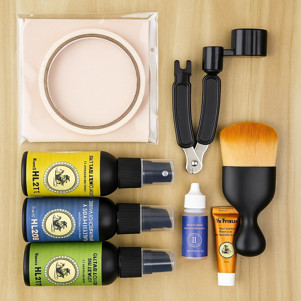 9Pcs Guitar Cleaning Care Maintenance Kit with String Cleaner, Polish, Fretboard Lemon Oil, Anti-Rust, String Winder, Cleaning Cloth | Guitar & Bass Tools Accessories | Musician Gift for Guitar Player