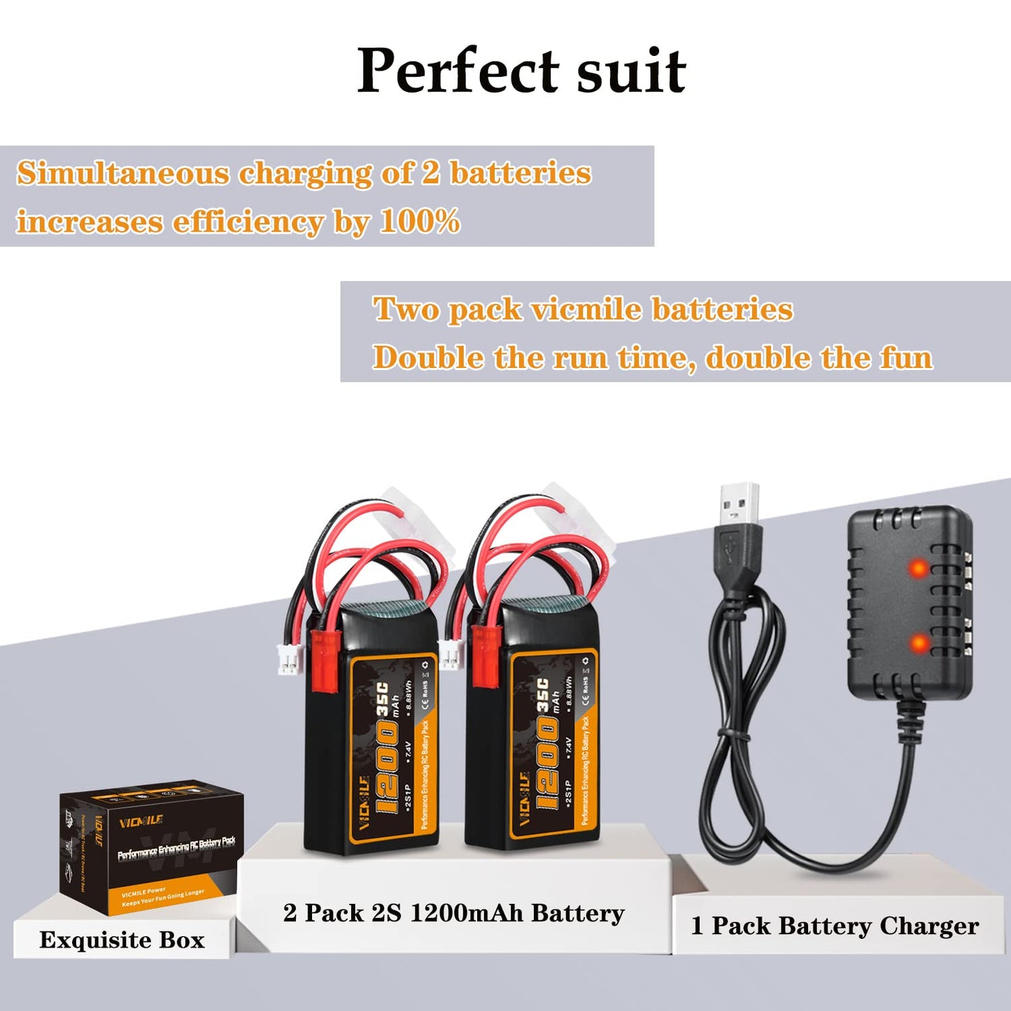 VICMILE 7.4V 1200mAh Lipo Battery 2S 35C SCX24 Lipo Batteries with PH2.0&JST Plug Rechargeable Lithium Battery with 2 in 1 USB Charger Fit for Most 1/10 1/16 1/18 1/24 RC Cars