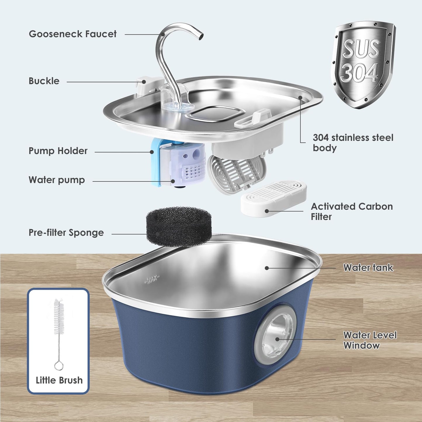 Cat Water Fountain, 3.2L/108oz Automatic Stainless Steel Pet Water Fountain with Water Level Window, Pet Water Dispenser Cat Drinking Feeding Fountains with Ultra-Quiet Pump for Pets, Navy(1 Brush)