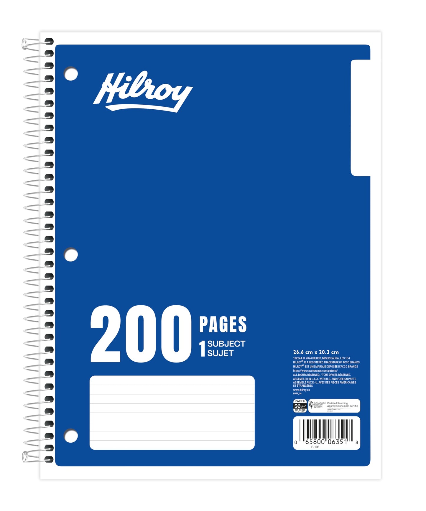 Hilroy 1-Subject Coil Notebook, 10 1/2" x 8" Sheet Size, Wide Ruled, 200 Pages/100 Sheets, 3-Hole Punched, Blue, Box of 10 (13224A)