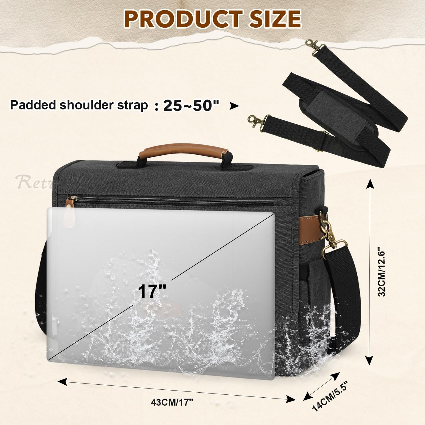 RAINSMORE Messenger Bag for Men 17-17.3 Inch Laptop Bag Canvas Briefcase Satchel Large Computer Shoulder Bag Men's Work Business Office Bag with Padded Compartment,Black