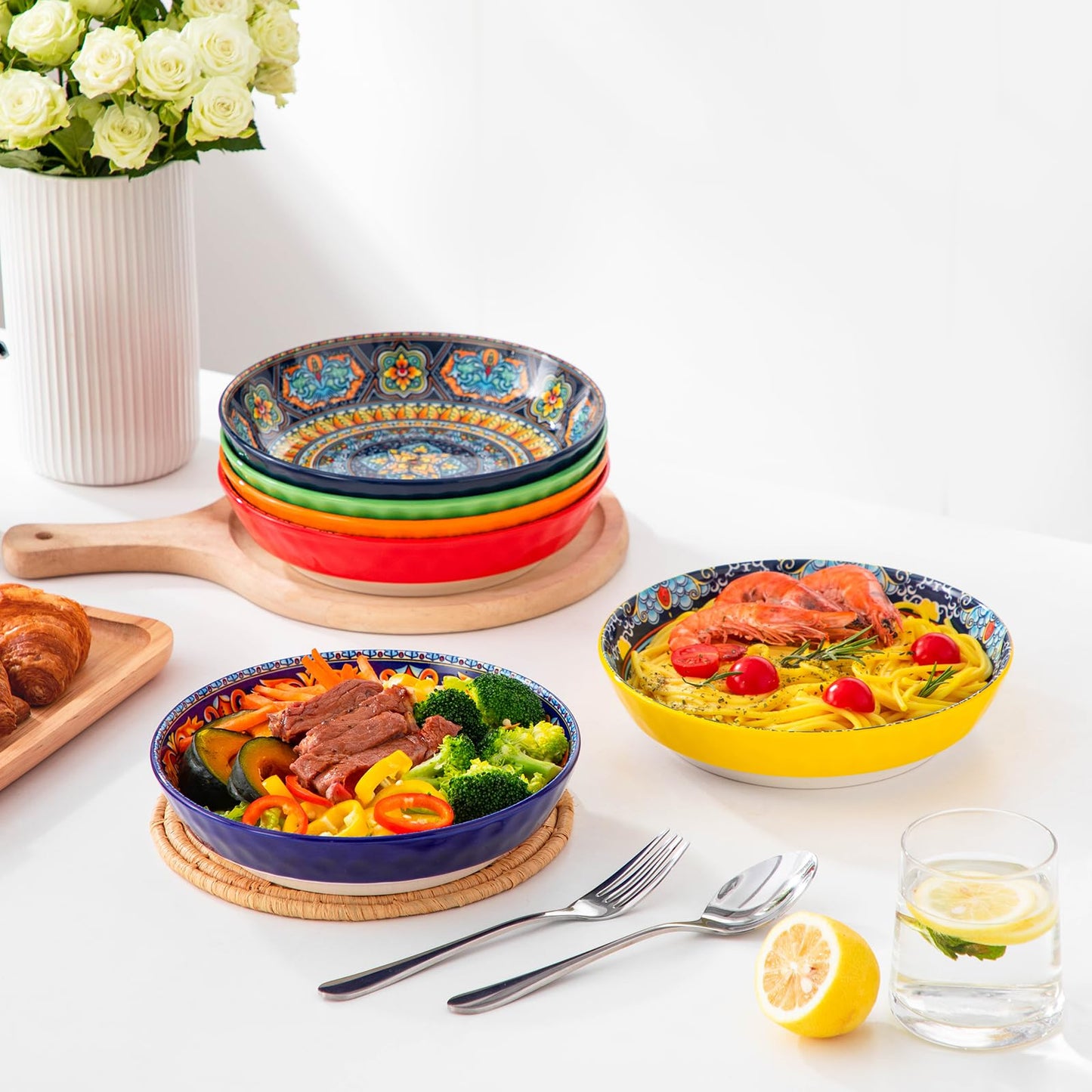 vancasso 32 Oz Pasta Bowls Sets of 6, Ceramic Large Colorful Salad Serving Bowls for Kitchen, Dishwasher & Microwave Safe, Pasta Plates, Dishwasher & Microwave Safe, Series KRVI