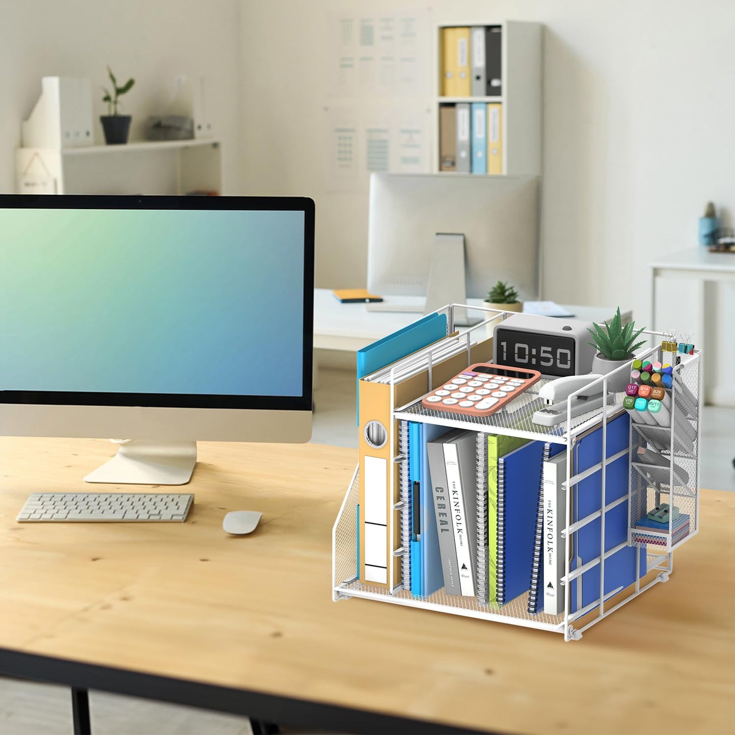 SUPEASY Desk Organizer with File Holder, 5-Tier Paper Letter Tray with Pen Holder, Desktop Organization and Storage for Office Supplies, Metal Mesh, White