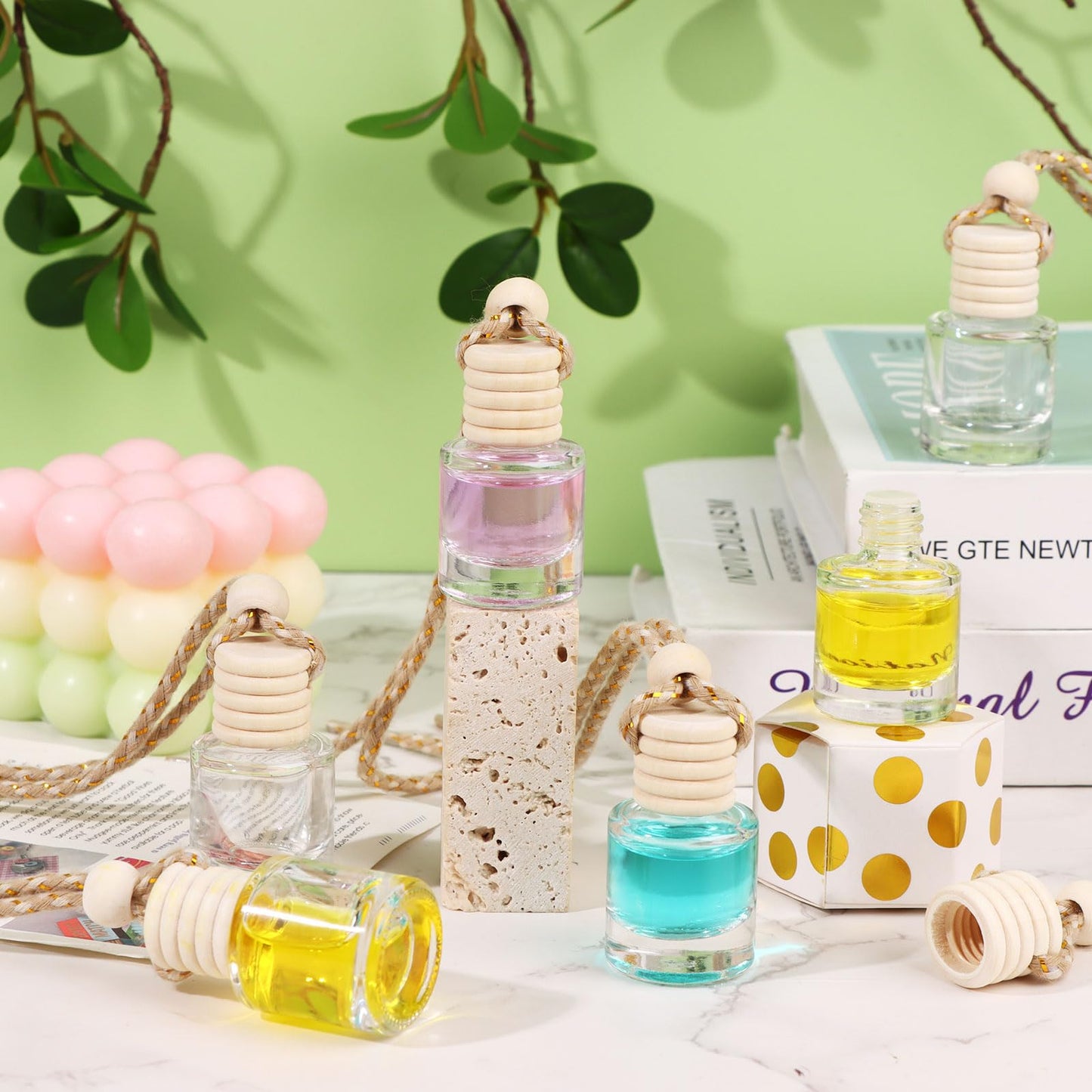 RZJSLSHANHAI 50 Pcs 8ml Hanging Car Air Freshener Diffuser Cylindrical Shape Empty Clear Glass Essential Diffuser Oil Aromatherapy Fragrance Perfume Car Air Freshener Perfume Bottle with Wooden Cap