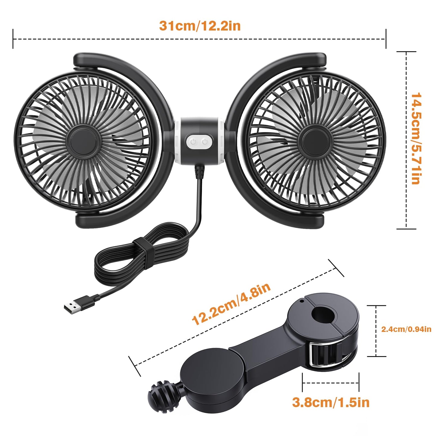 Dual Head Car Fan for Backseat: USB Powered Car Cooling Fans for Baby 3 Speeds 360°Rotatable Quiet Vehicle Rear Seat Headrest Fans 5V for Sedan SUV RV Truck (Black+Grey)