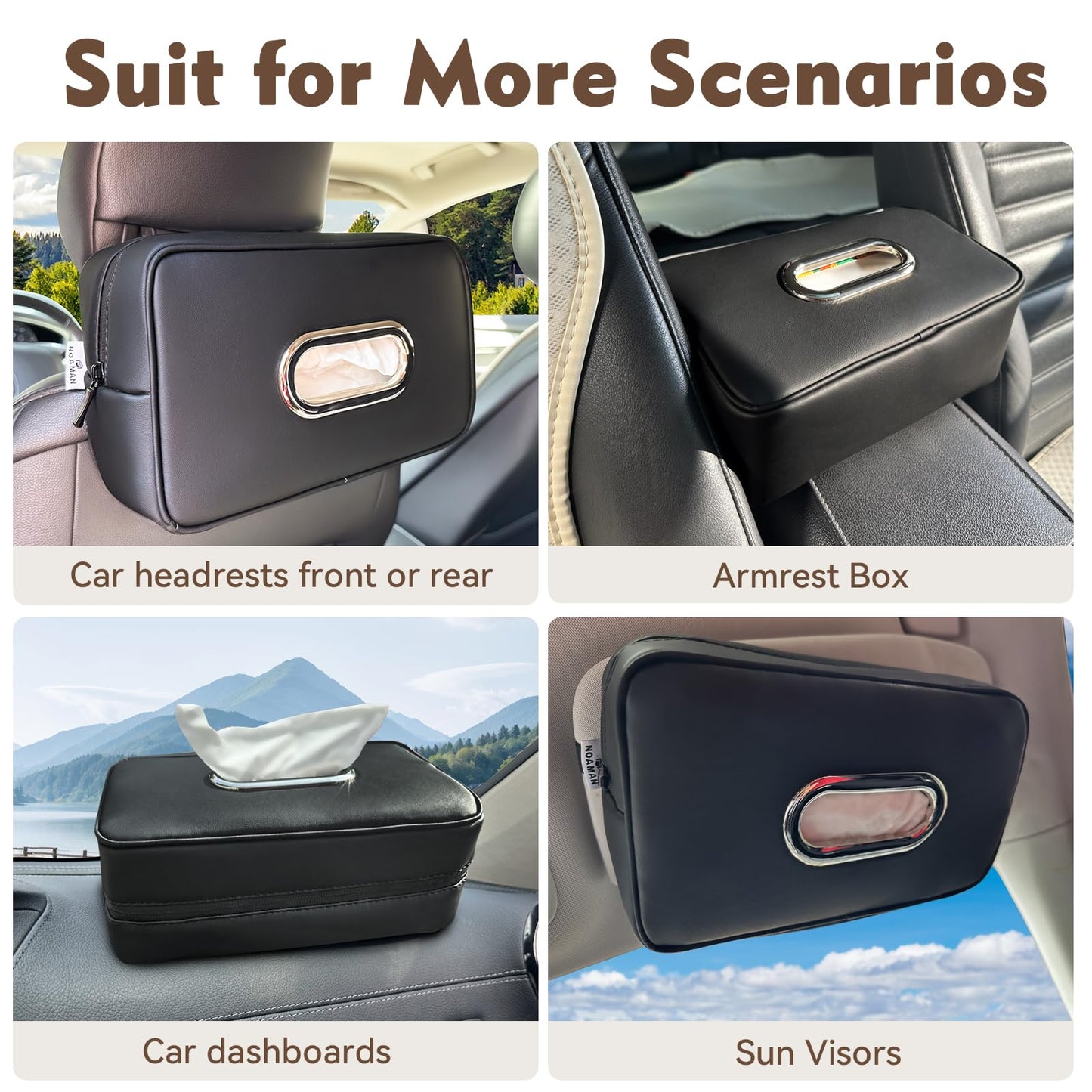Noaman Upgraded Large Car Tissue Holder Premium PU Leather Tissues Box Cover Backseat Rectangular Napkin Holder for Car Fits for 120 Standard Kleenex Tissues Box (Black 2 Pack)