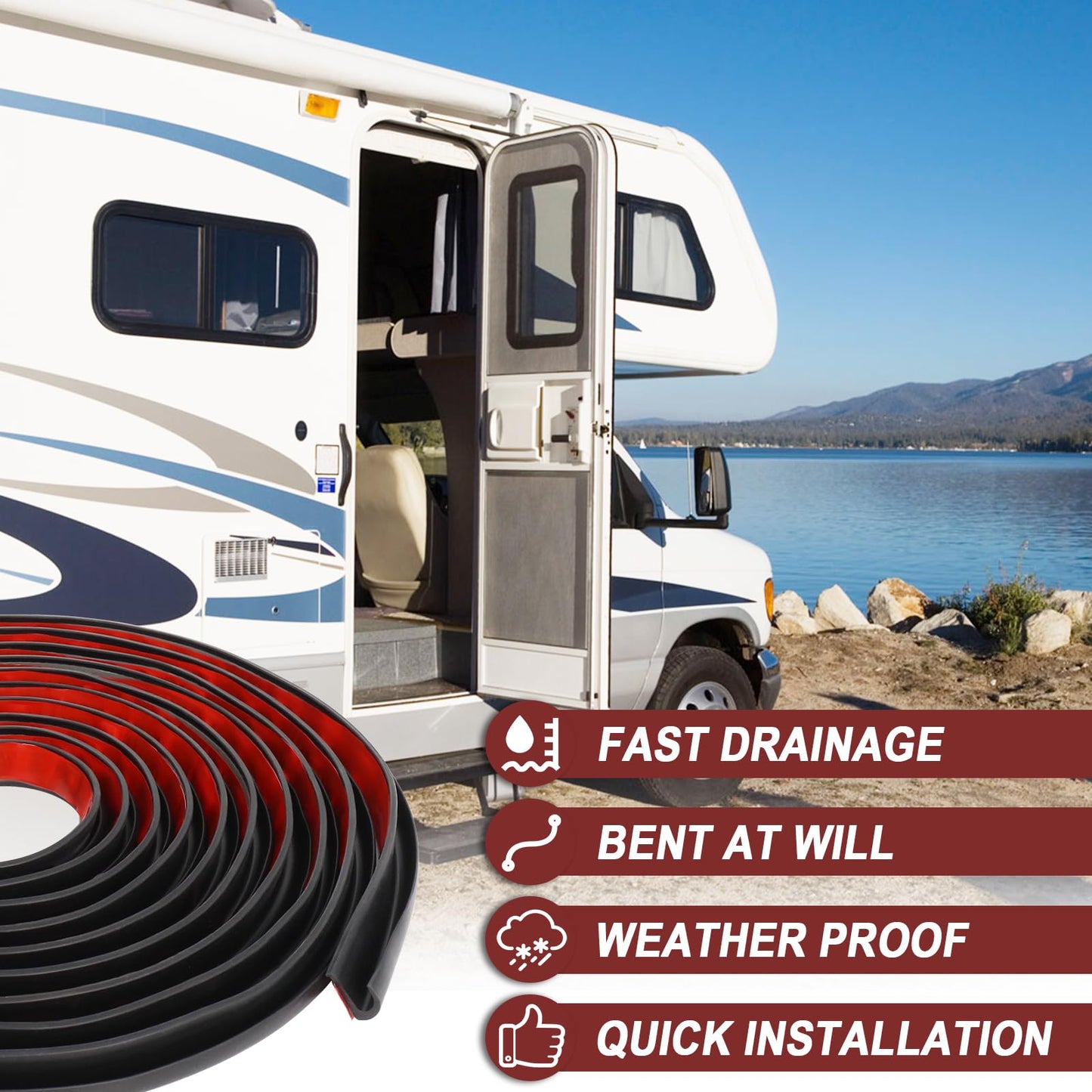 40FT RV Drip Rail J-Shape Rain Gutter Trim with 3M Adhesive, Flexible PVC RV Roof Rain Diverter Strip, Camper Trailer Water Runoff Strip, Leak Prevention UV Resistant