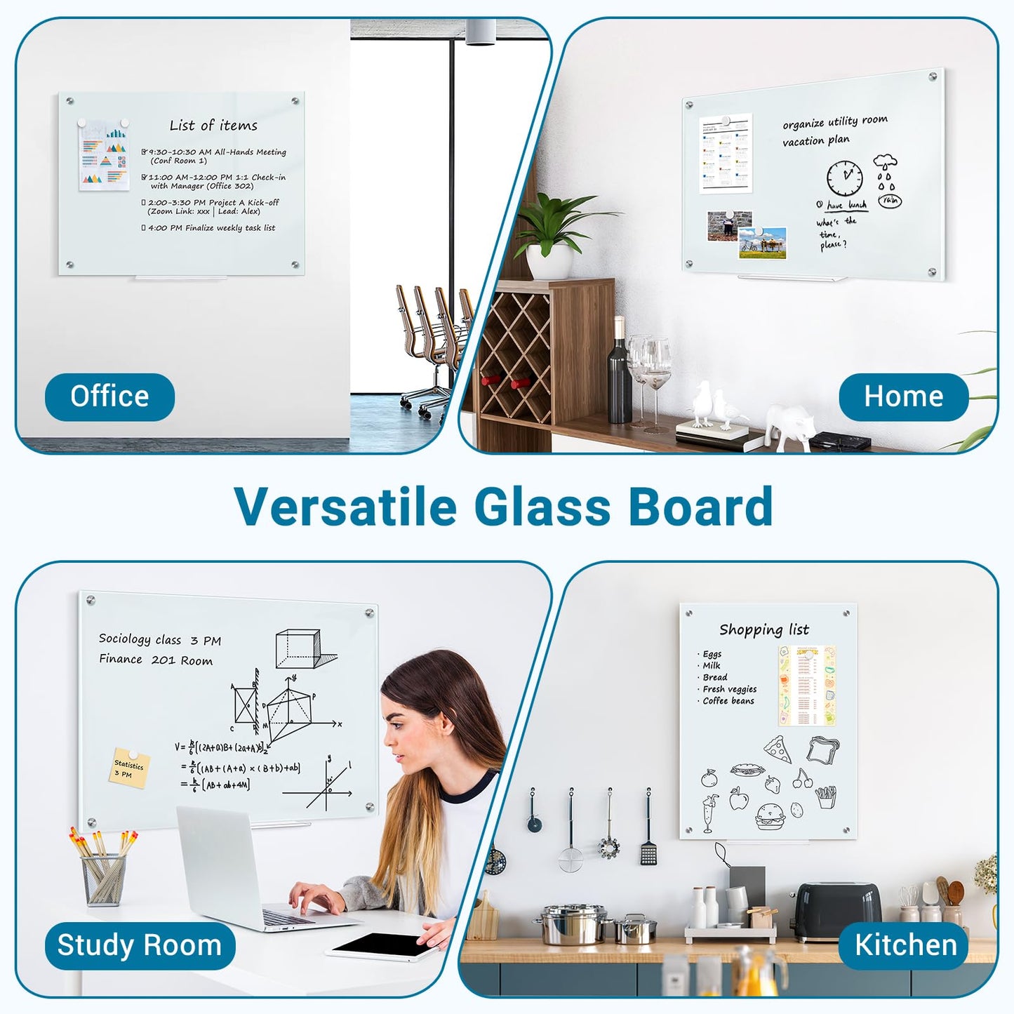 QUEENLINK Magnetic Glass Whiteboard, 24"X18" Dry Erase Board for Wall, Large Frameless Glass White Board with 1 Marker Tray and 6 Magnets for Office, Home, Classroom