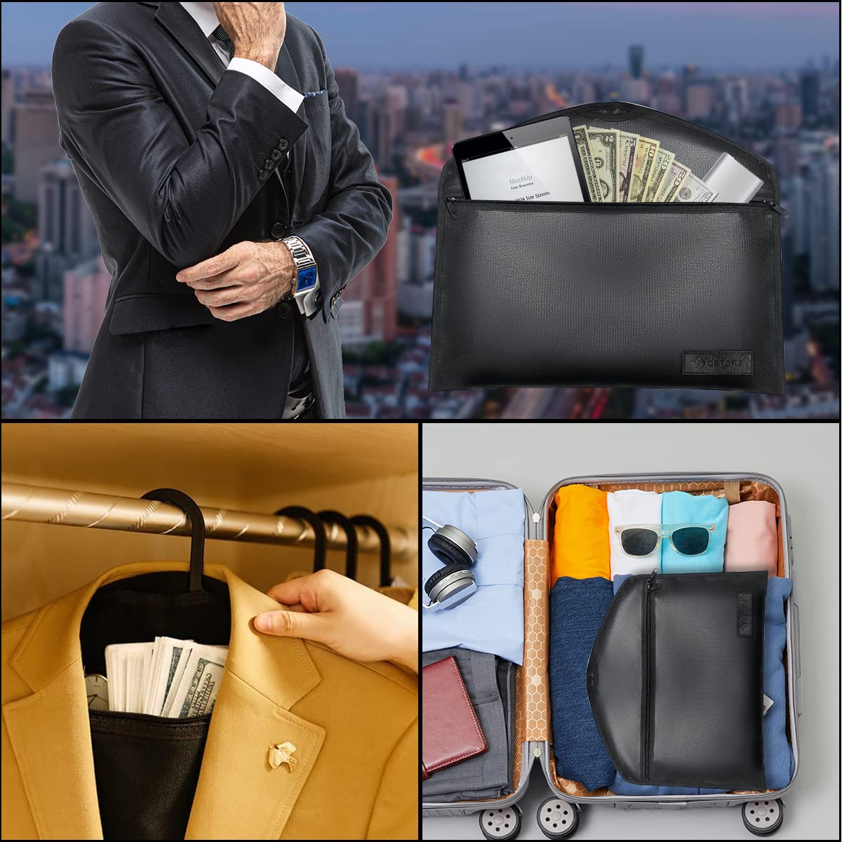 Sdstone Hanger Diversion Fireproof & Waterproof Safe with Lock and Small Fireproof Bag, Hidden pocket safe hanger, Under Hanging Clothes with Pocket to Hide