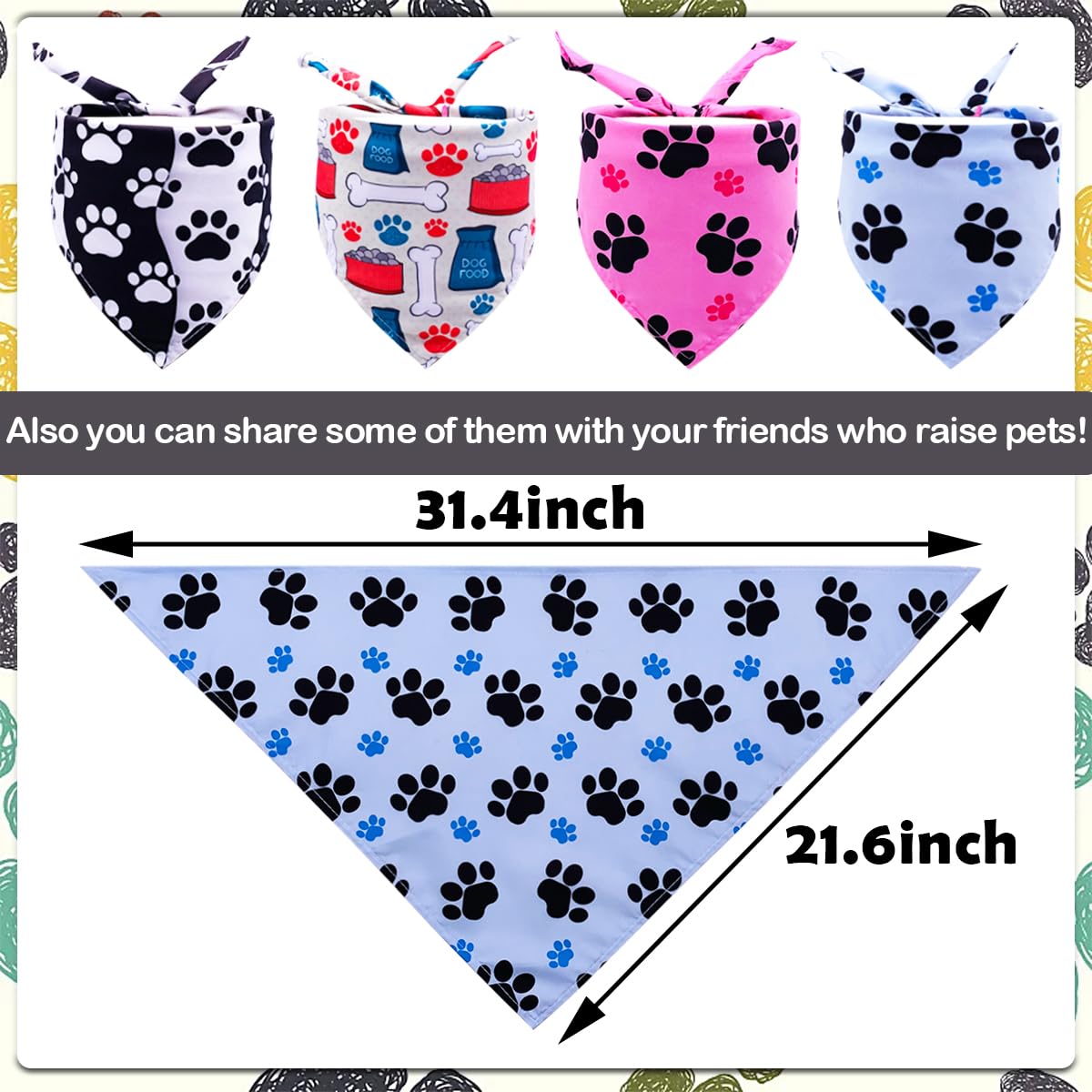 JpGdn 50PCS Big Dog Bandanas Large Breed XL Bulk Paw Bone Print Pet Big Bandanas Kerchief Washable Triangle Bibs Head Scarves Scarfs for Boys and Girls Grooming Costume