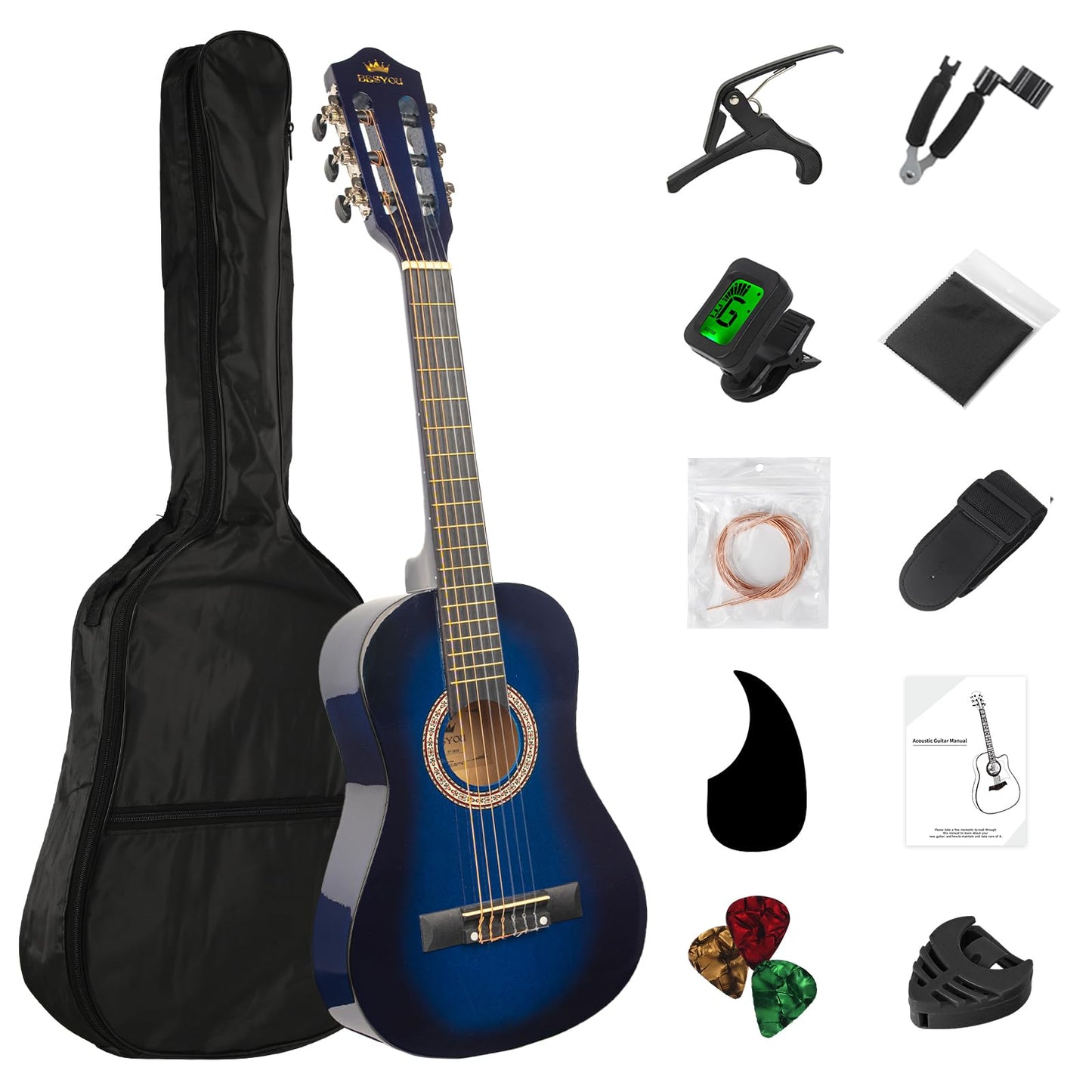 BESYOU 30in Beginner Acoustic Guitar Basic Starter Kit Tuner Bag Capo Strings Winders Strap Picks Student/Kids Guitar Pickguard with Gig Bag Blue