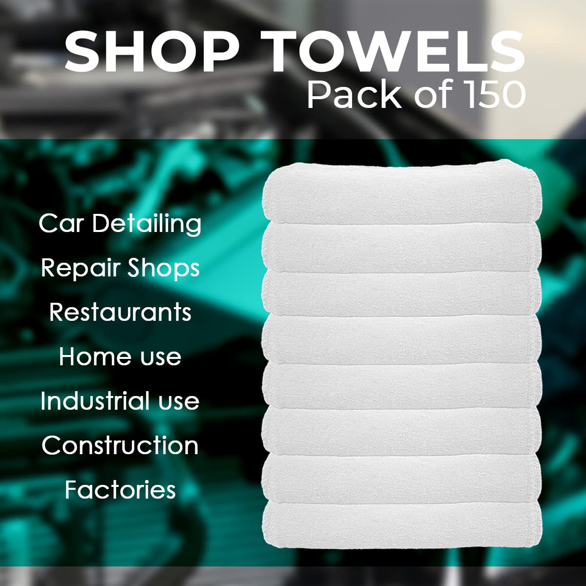 Avalon Towels Cotton Shop Towels – (Pack of 150) Size 12x14 Inches Cleaning Rags – Highly Absorbent Shop Rags and Multipurpose Cleaning Towels for Automobiles, Industries, Garage and Homes (White)