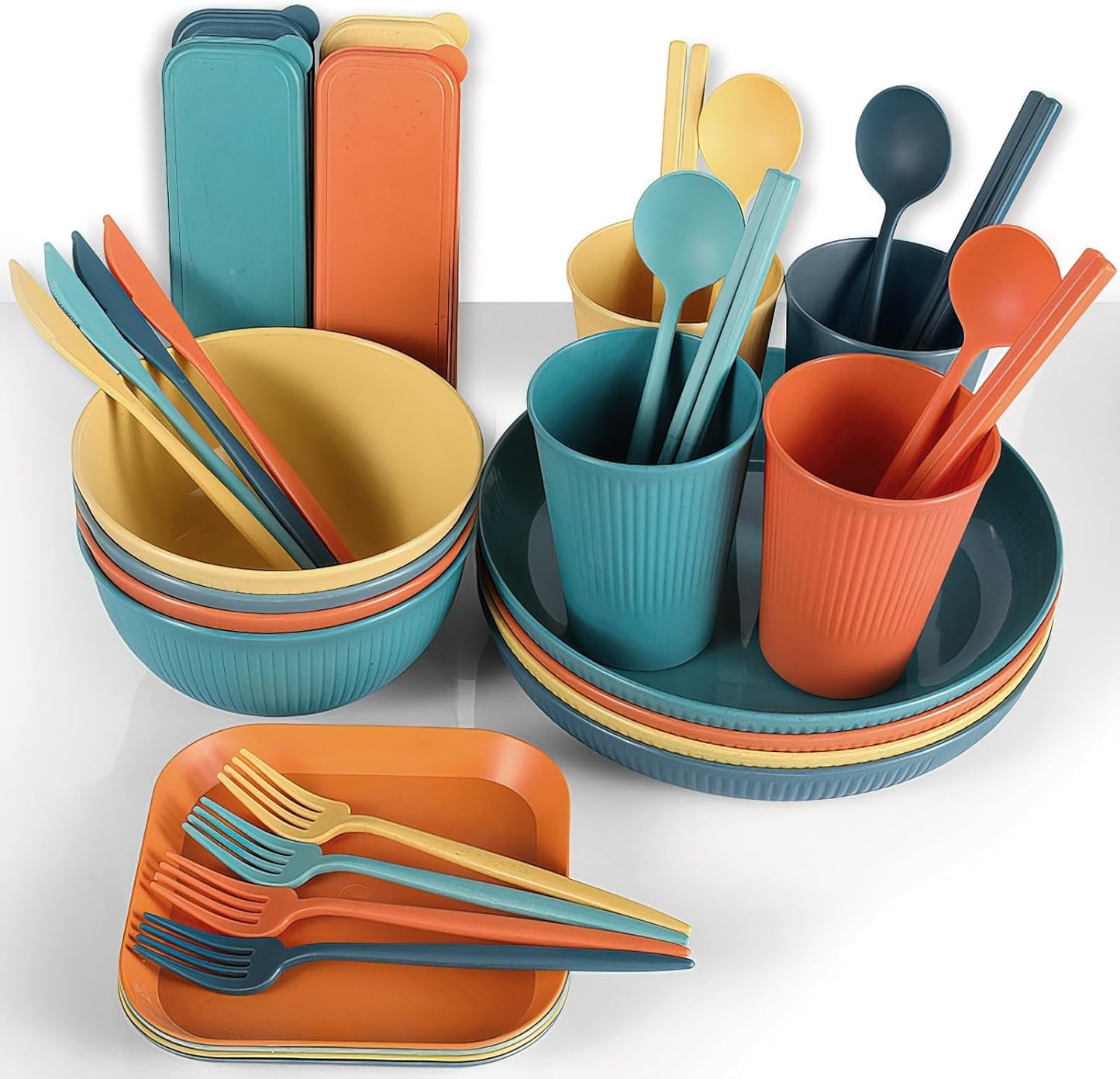 72 Pcs Wheat Straw Dinnerware Sets,Unbreakable Microwave Safe Dinnerware,Lightweight Reusable Bowls with Plates,Cups,Knives,Forks and Spoons Utensil Set for Camping,RV Dishes (A Set of 8)