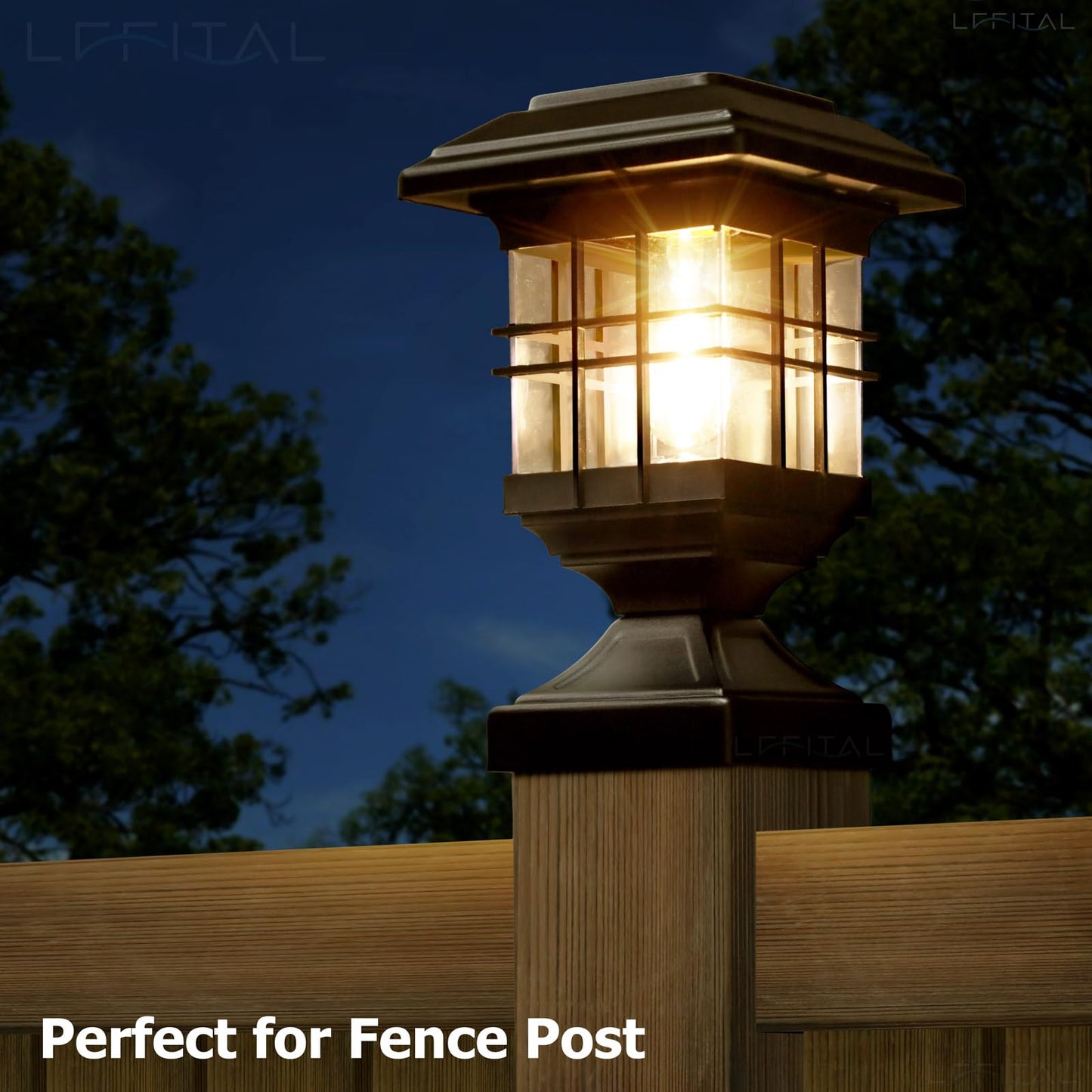 Lffital Solar Post Lights Outdoor Solar Post Cap Lights 2 Modes LED Deck Fence Cap Light for 4x4 5x5 6x6 Posts Patio Garden Decoration Warm White Lighting Black (2 Pack), TR-POST01