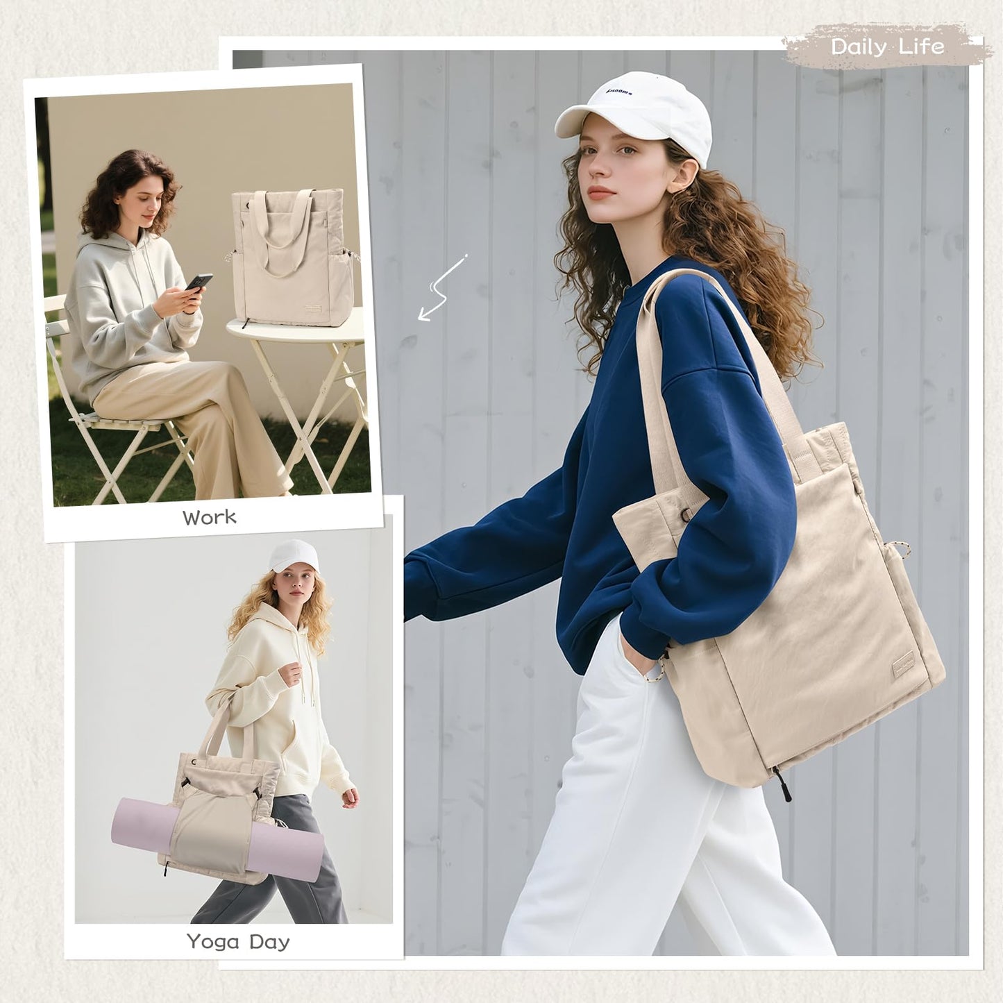 Convertible Laptop Backpack Yoga Sports Bag Quilted Tote Bag, Yoga Mat Carrier Bag for Travel, Fitness, Office and Shopping (Apricot)