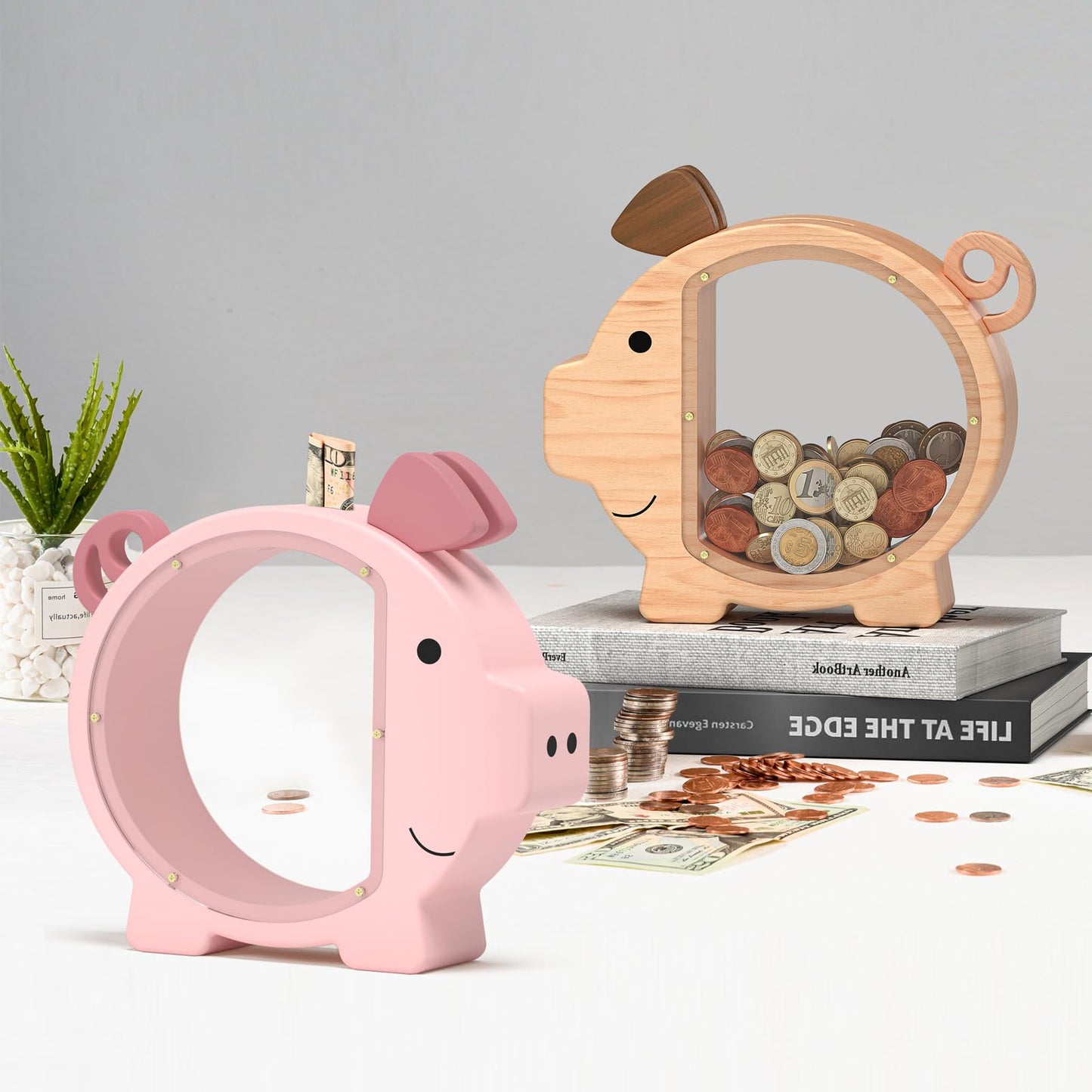 Summidate Wooden Piggy Bank for Girls, Cute Money Bank for Kids Boys, Unbreakable Coin Bank, Creative Saving Money Jar Personalized Gifts for Child Birthday Gift & Decor