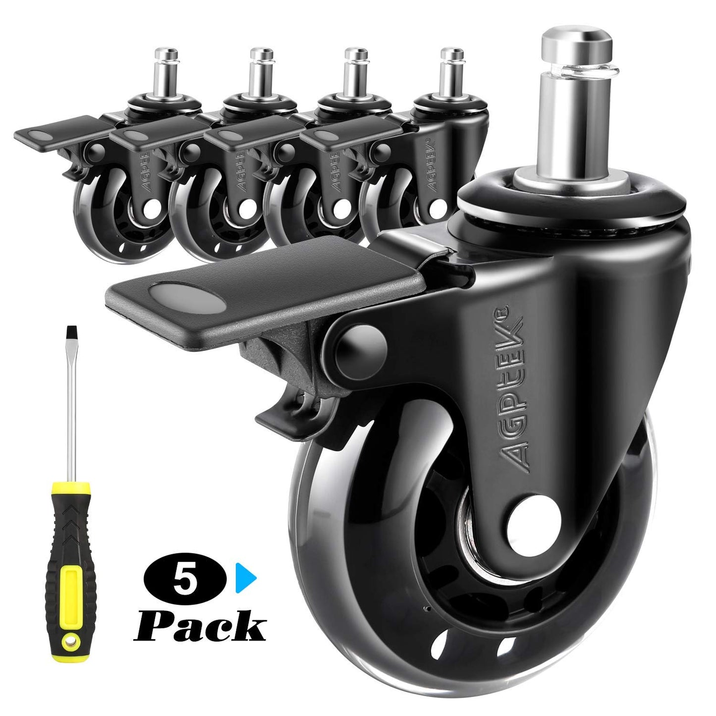 AGPTEK Set of 5 Office Chair Casters Heavy Duty with Locks, 11x22mm Office Chair Wheels Replacement with Brakes, Quiet Office Chair Wheels, No Noise, Game Chair Wheels for Hardwood Floors, Mat, Carpet