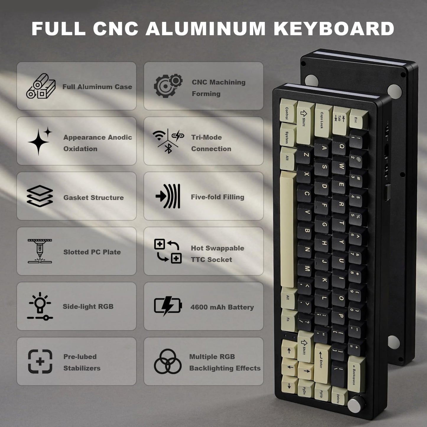 YUNZII AL66 Wireless Mechanical Keyboard,65% Knob Control Aluminum Gaming Keyboard Bluetooth/2.4G/Wired Hot Swappable Pre-lubed Switches,Gasket Mounted RGB Keyboard for Win/Mac (Milk Switch, Black)