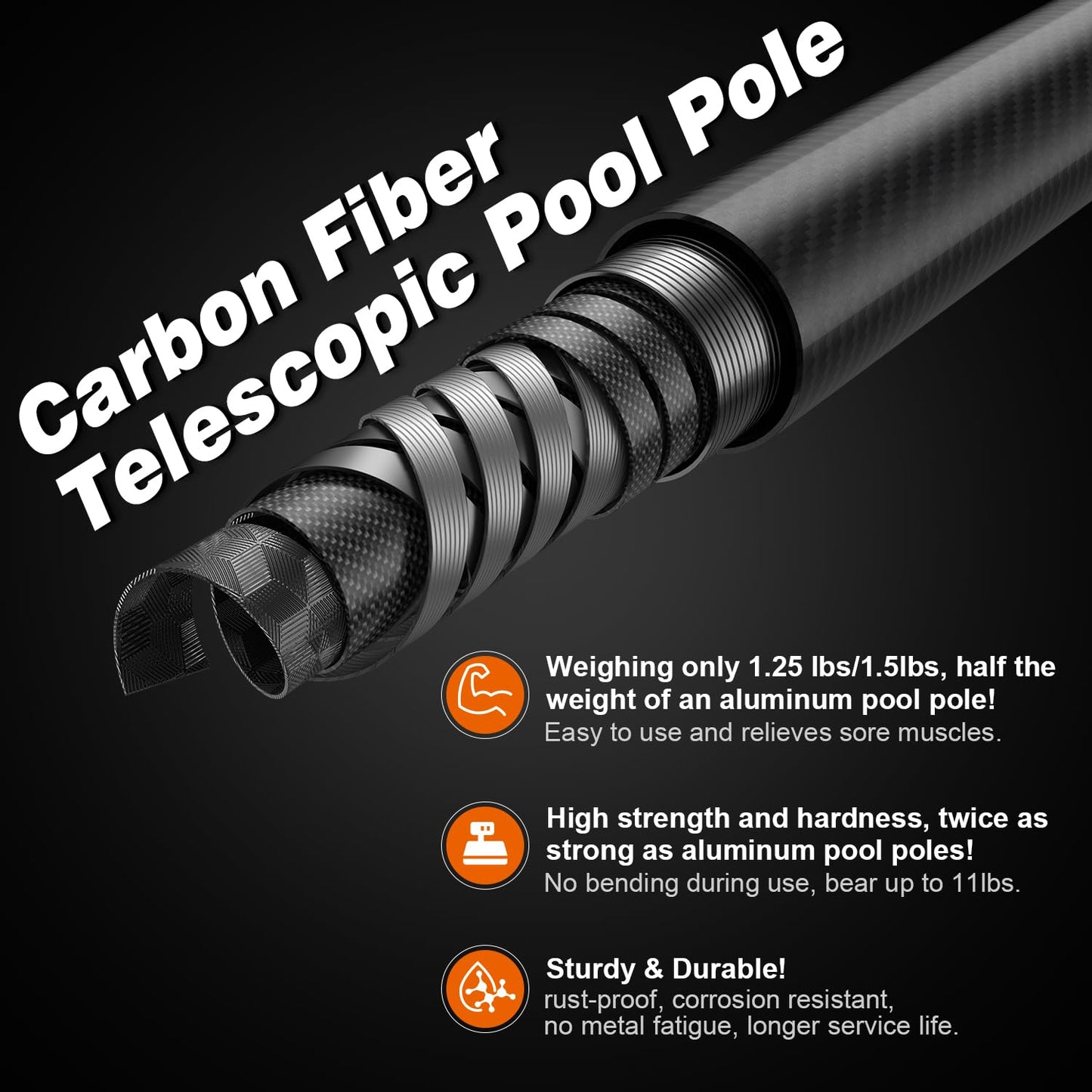 Imgokaha Carbon Fiber Pool Pole - Professional 12 Foot Telescopic Pool Cleaning Pole, Pool Skimmer Net Pole, Telescoping Swimming Pool Poles Heavy Duty 12FT