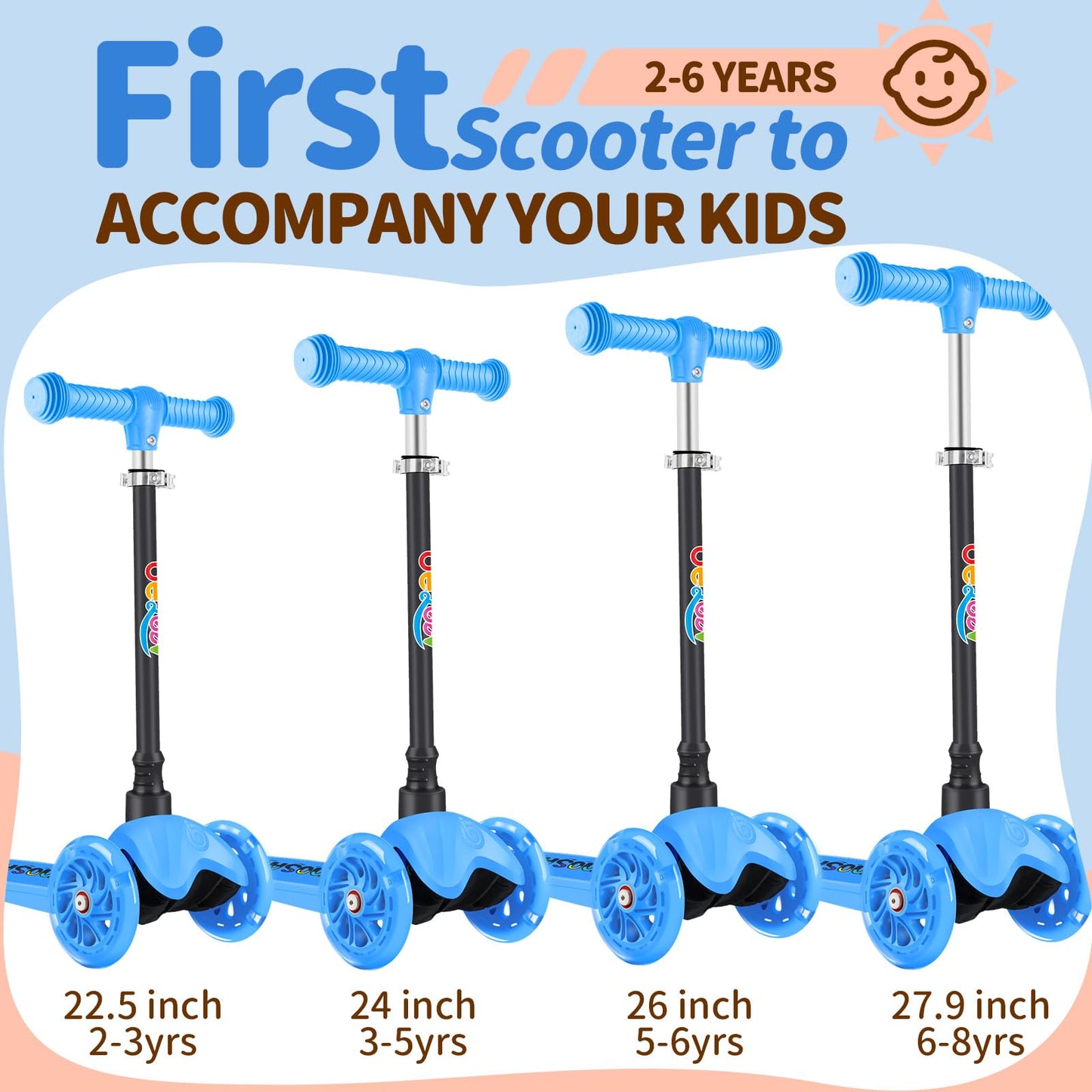BELEEV A1 Scooter for Kids Ages 2-6, 3 Wheel Kick Scooter for Toddlers Girls Boys, 4 Adjustable Height, Lean to Steer, Light up Wheels, Wide Deck, Easy to Assemble, Lightweight Scooter for Children