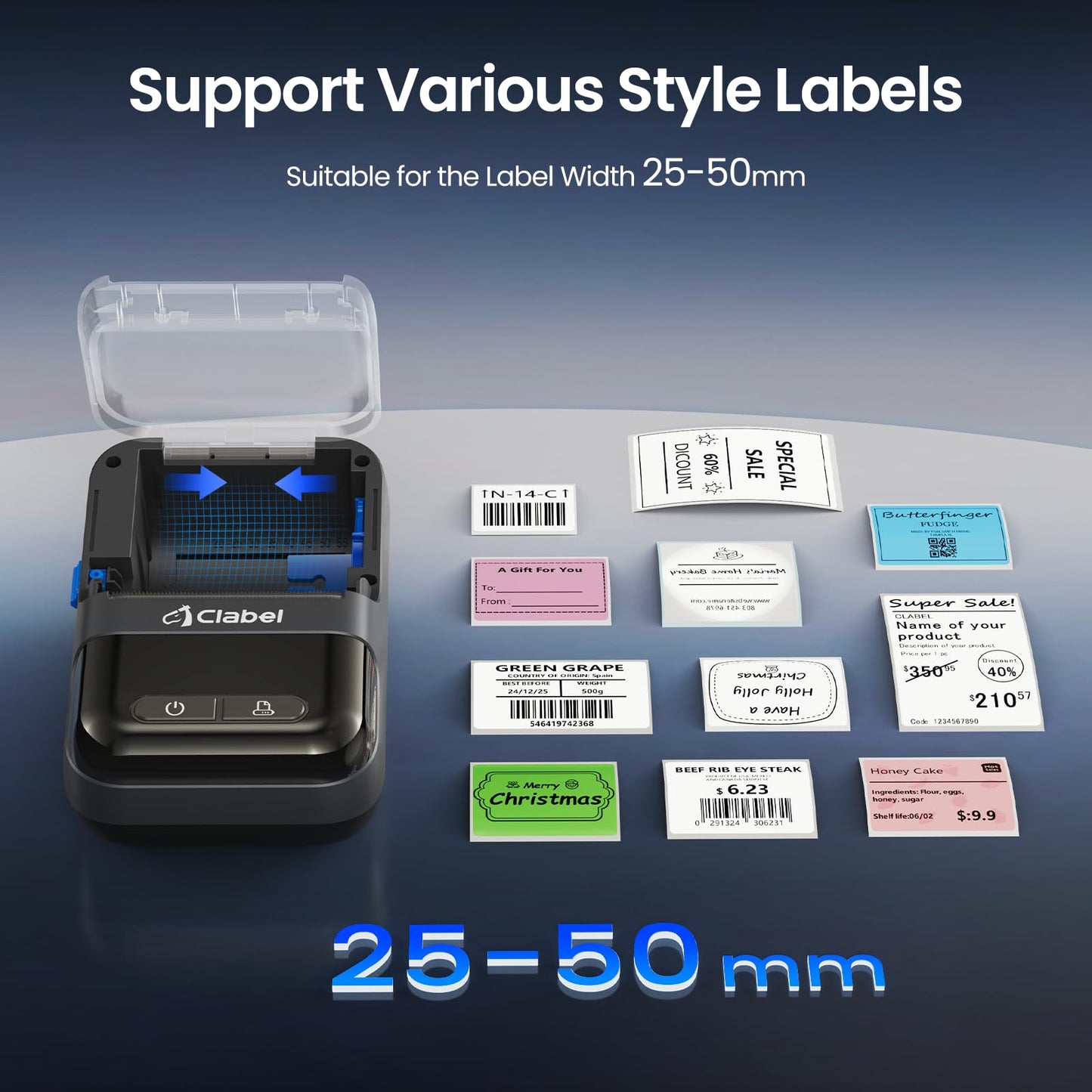 Label Maker CLABEL 220B, Portable Barcode Printer, Mini Wireless Thermal Label Maker Machine, Compatible with iOS System for Retail, QR Code, Small Business(Black)