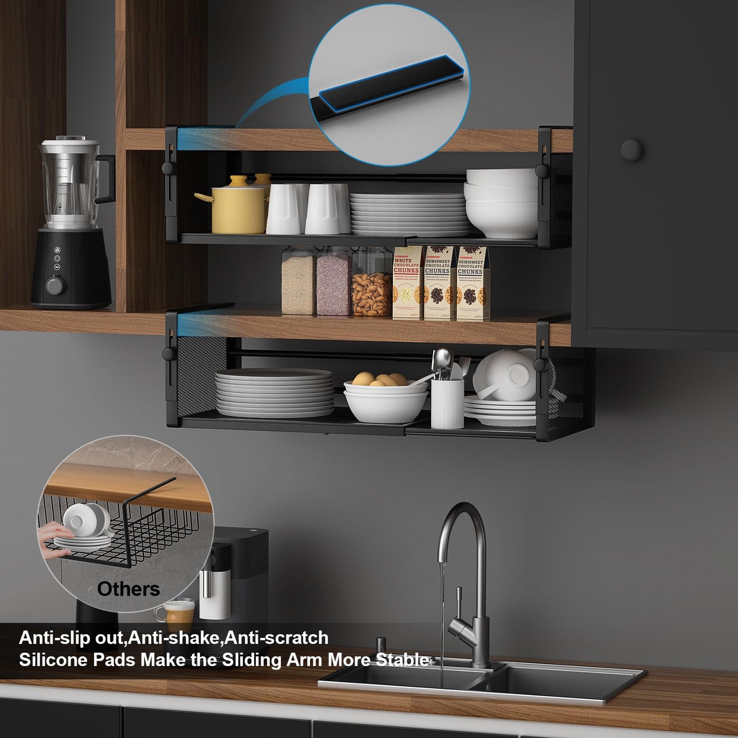 AmonHouseware 2Pack Under Shelf Basket, Adjustable Hanging Under Cabinet Shelf Storage, Hanging Holder Length Stretchable 14.9-22.6Inch for Kitchen Pantry Desk Counter Bookshelf Cupboard (Black)