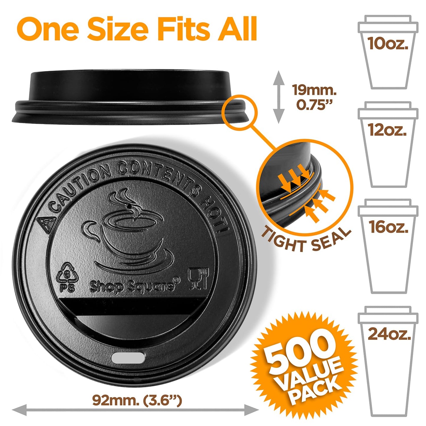 (500-Pack) Coffee Cup Lids - Disposable Coffee Lids for 10, 12, 16, 20, & 24 oz Paper Cups, 8 oz Squat Cups, Dome for To-Go Beverages, Expresso, Tea, Hot Chocolate - Black