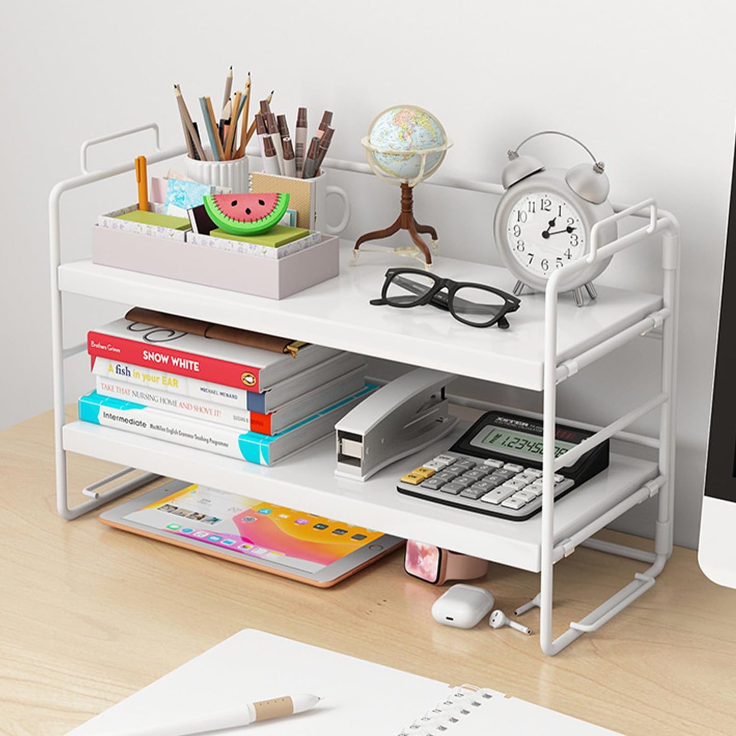 Desktop Organizer Shelf, 3 Tiers Desktop Bookshelf, Adjustable Desk Display Shelf, Small Bookshelf for Desktop Storage, Countertop Bookcase for Office Supplies, Home Decor and Kitchen (White)