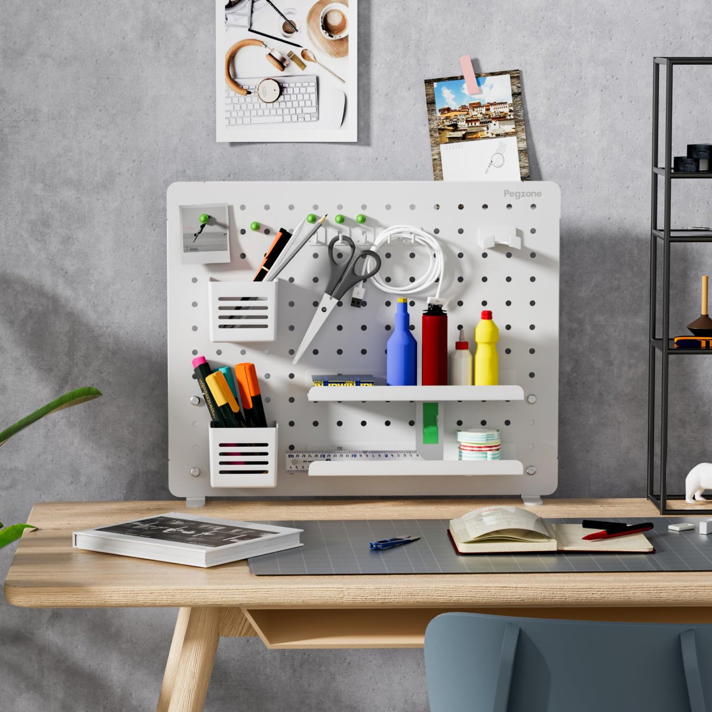 PEGZONE Clamp-on Desk Pegboard, Desk Organizer for Office Gaming Home, Magnetic Metal Peg Board with 15 Accessories, Privacy Panel for Office, 20.4" x 16.5", Large, White
